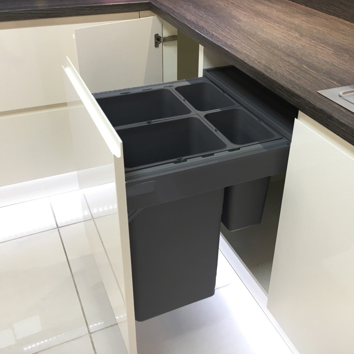 Ninka One2Five 80 litres in-cupboard bin with Four Compartment, designed for easy waste and recycling separation in 600mm wide kitchen cabinets with pull-out doors.