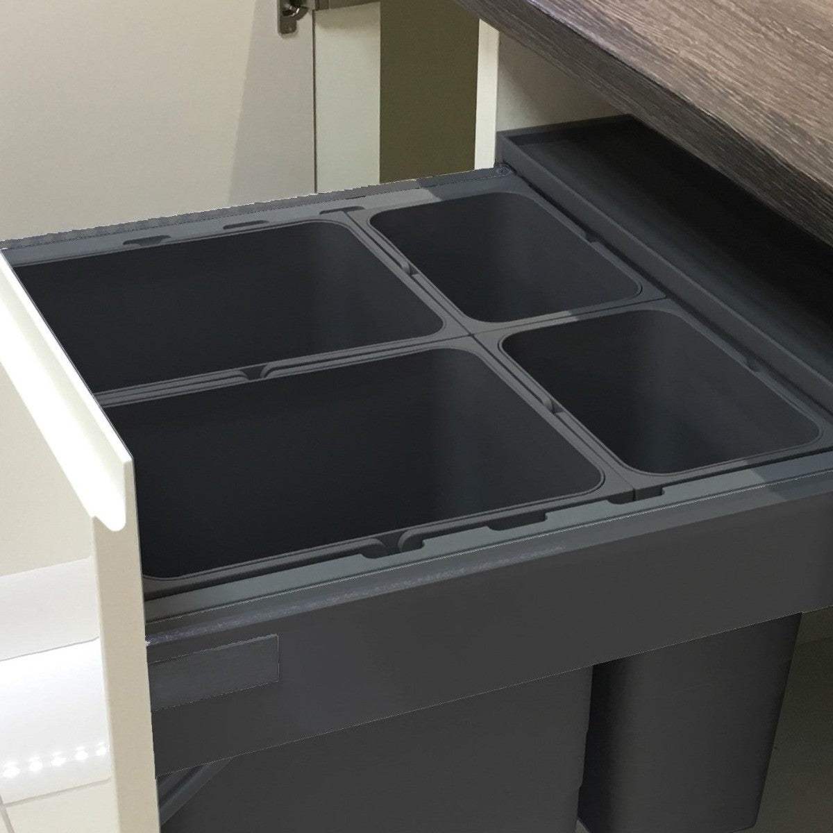 Four Compartment 80L integrated kitchen bin is designed for easy waste and recycling separation in 600mm wide kitchen cabinets with pull-out doors.