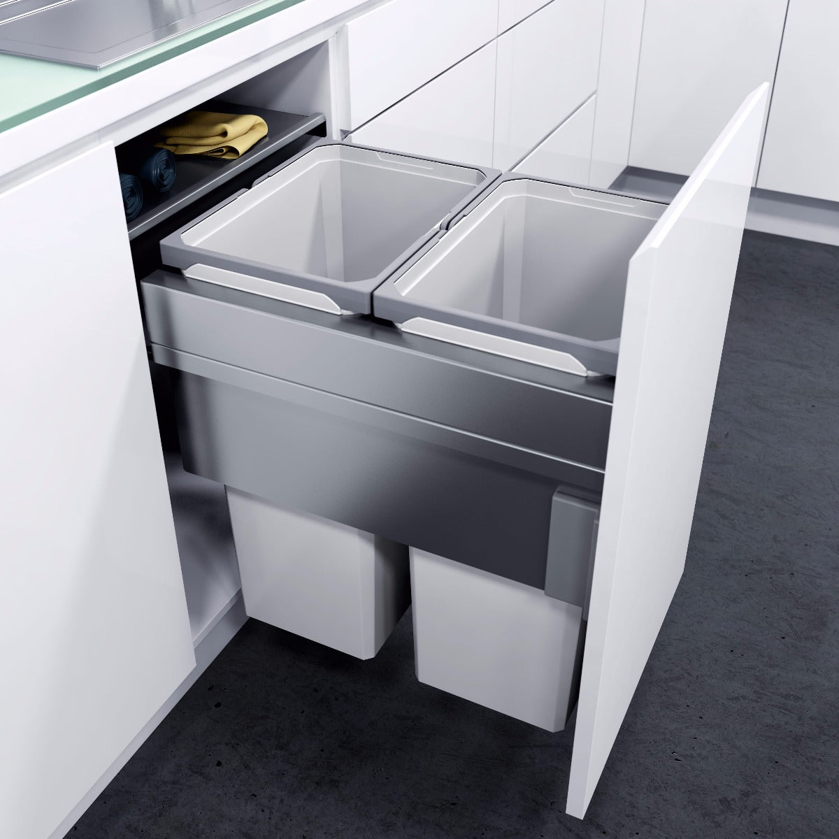 Vauth-Sagel 2 compartment ES-Pro 70 Litre in-cupboard kitchen recycling bin in silver grey for 450mm wide cabinet 503.VS44.502