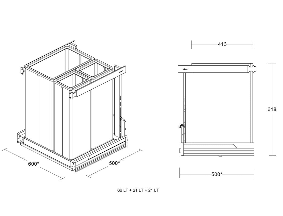 Tecnoinox Premium Aluminium 3-Compartment 108L Recycler: 600mm Door