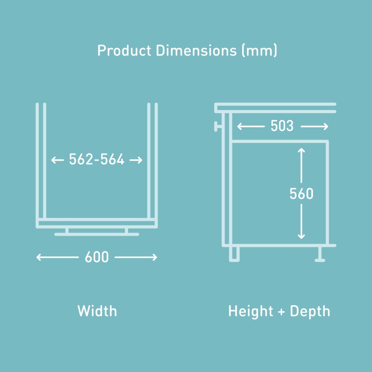 Fitting dimensions diagram for the Tecnoinox Premium Single Compartment 72L integrated kitchen bin