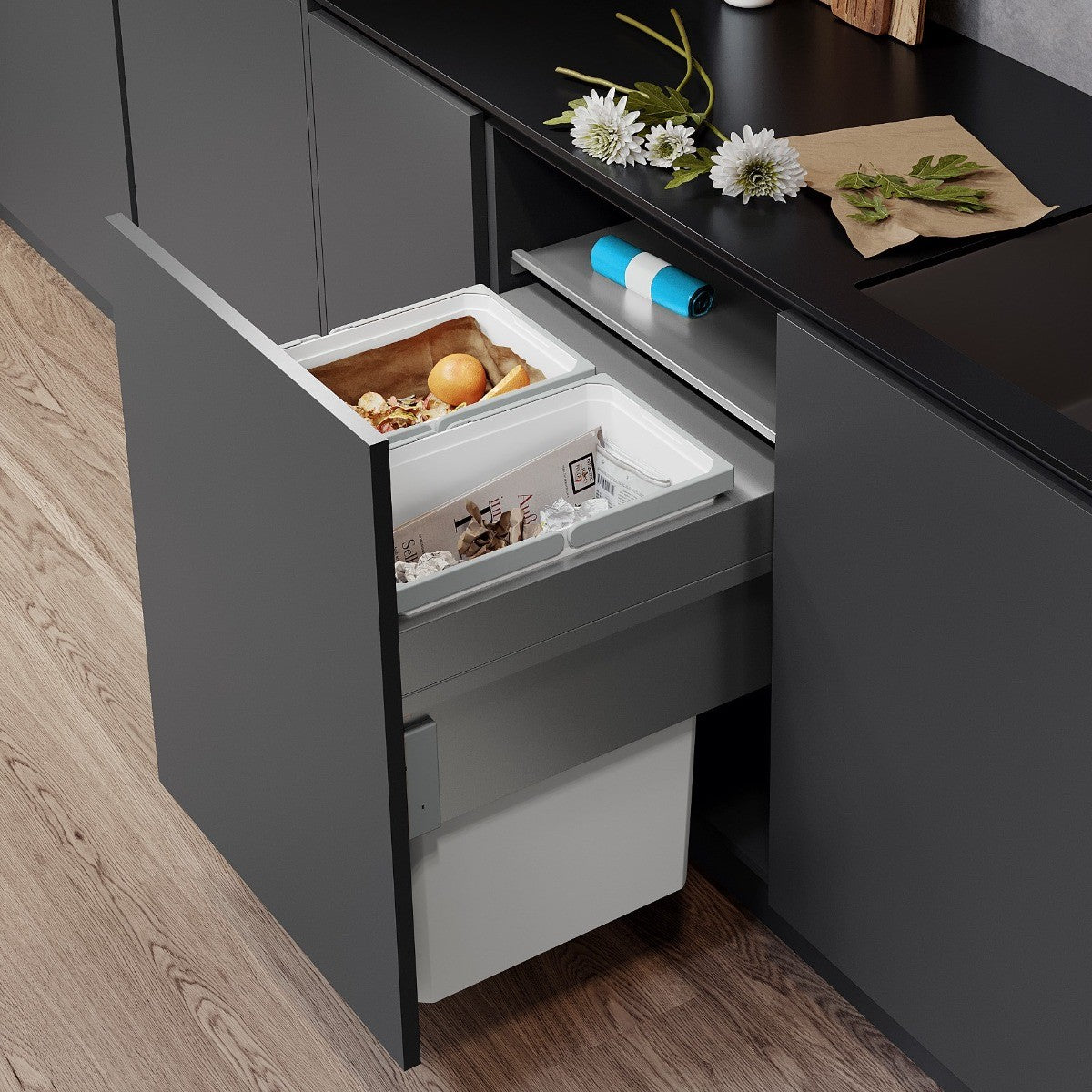 Two compartment Vauth-Sagel integrated kitchen bin, in silver grey colourway, for waste segregation