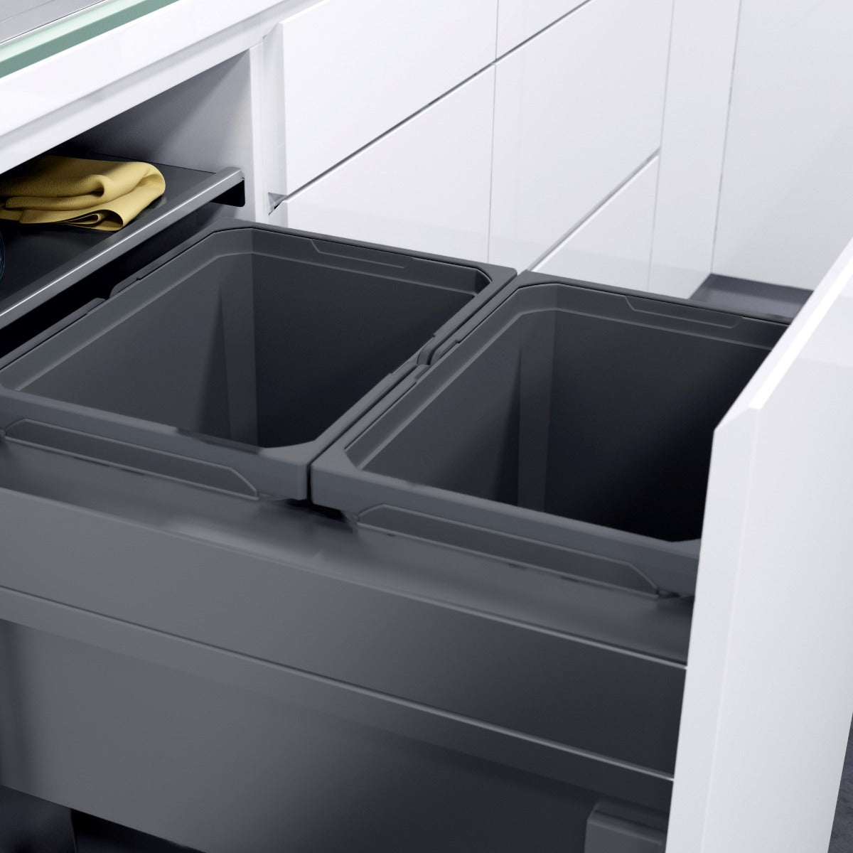 A well-designed integrated kitchen cabinet bin from Vauth-Sage with two compartments, providing 64 litres of waste and recycling space.