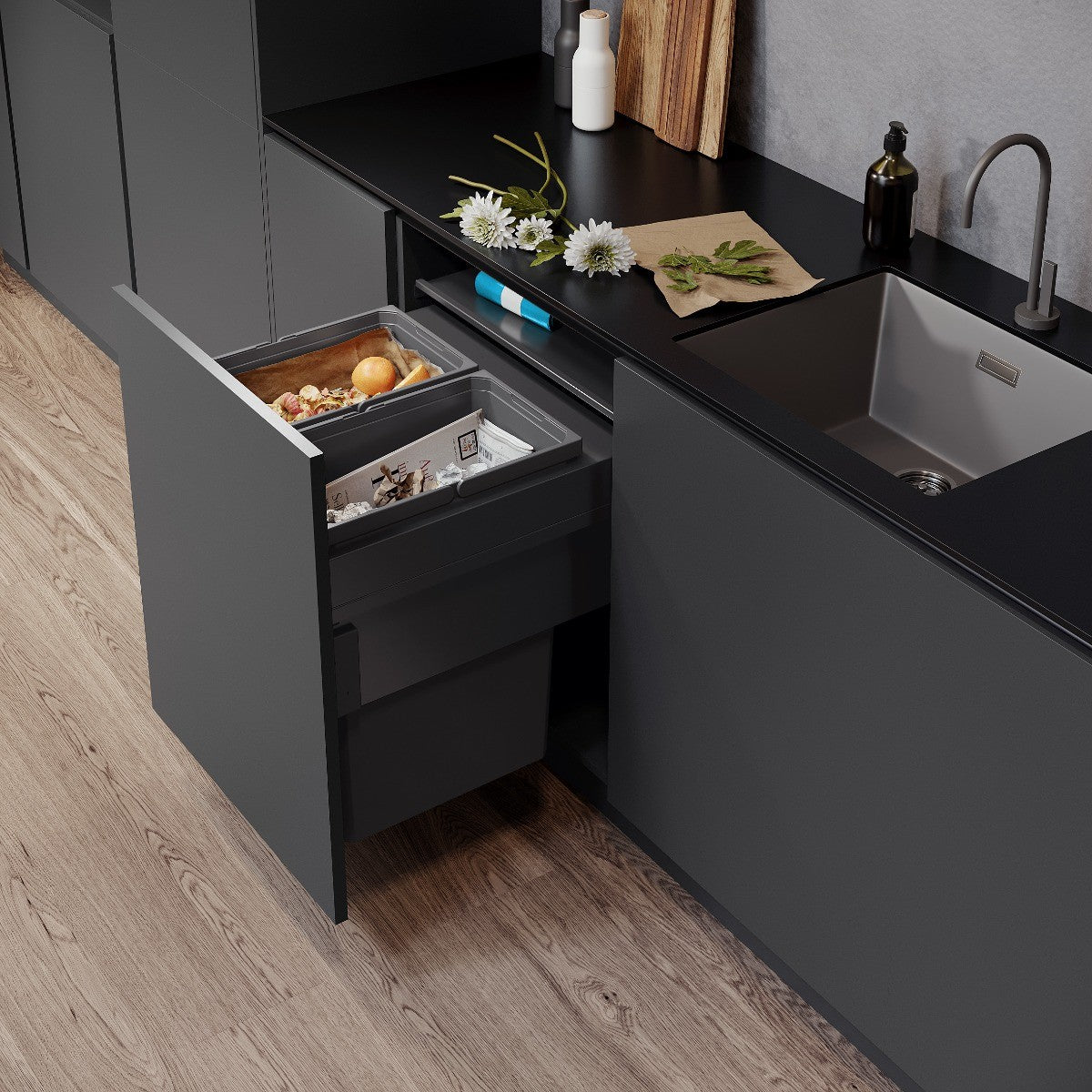 Vauth-Sagel integrated kitchen bin with two compartments, ideal for separating waste and recycling.