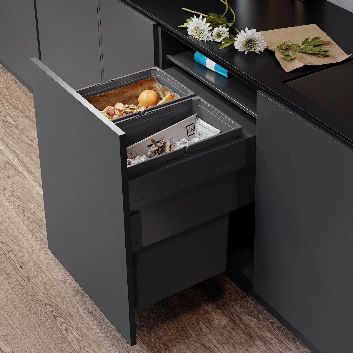 Vauth-Sagel ES-Pro integrated  2-Compartment 88L kitchen bin ideal for separating waste and recycling in lava grey