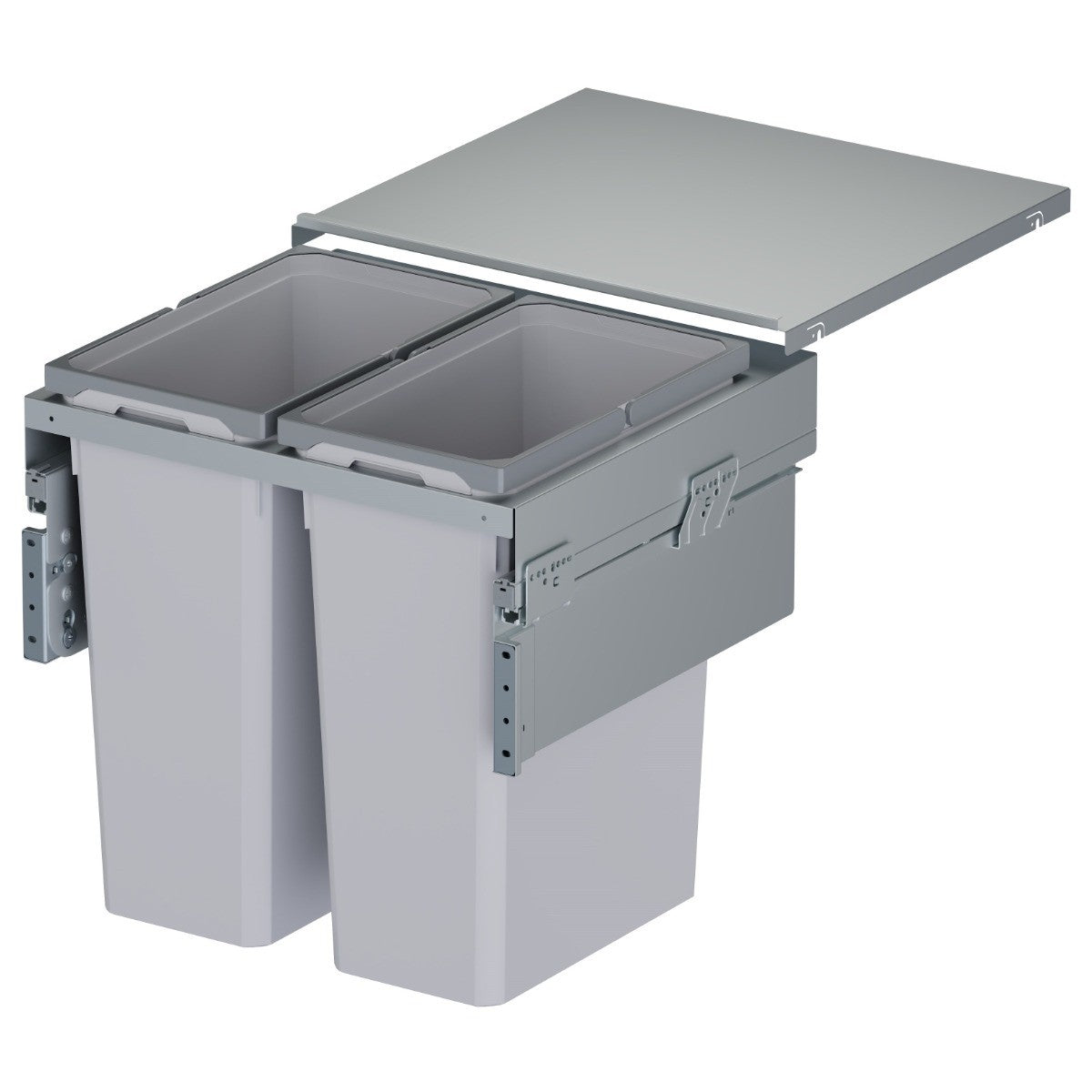 Dual-compartment Vauth-Sagel integrated kitchen bin, in silver grey colourway, for waste segregation
