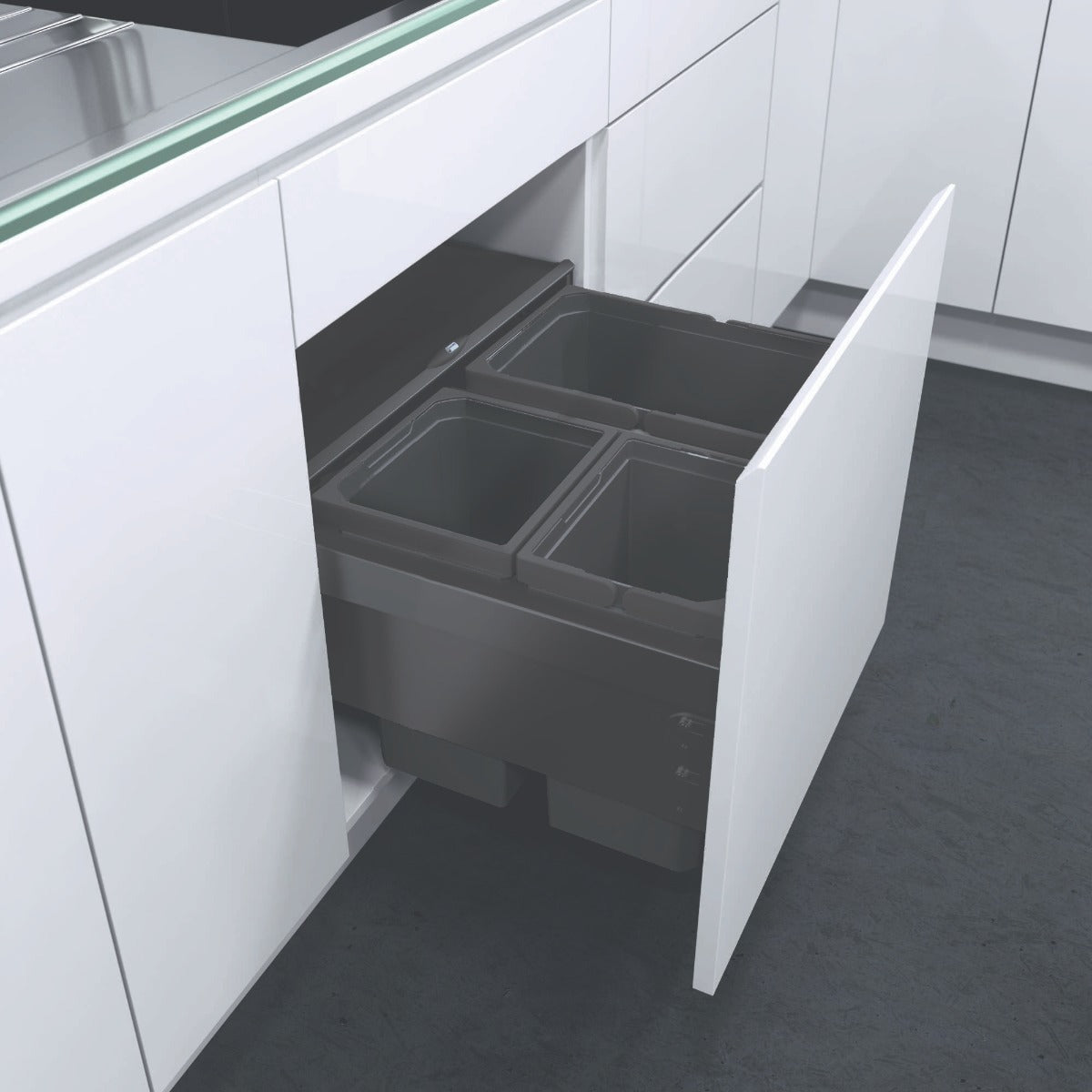 This 3-Compartment integrated recycling bin from Vauth-Sagel is in a dark lave grey finish