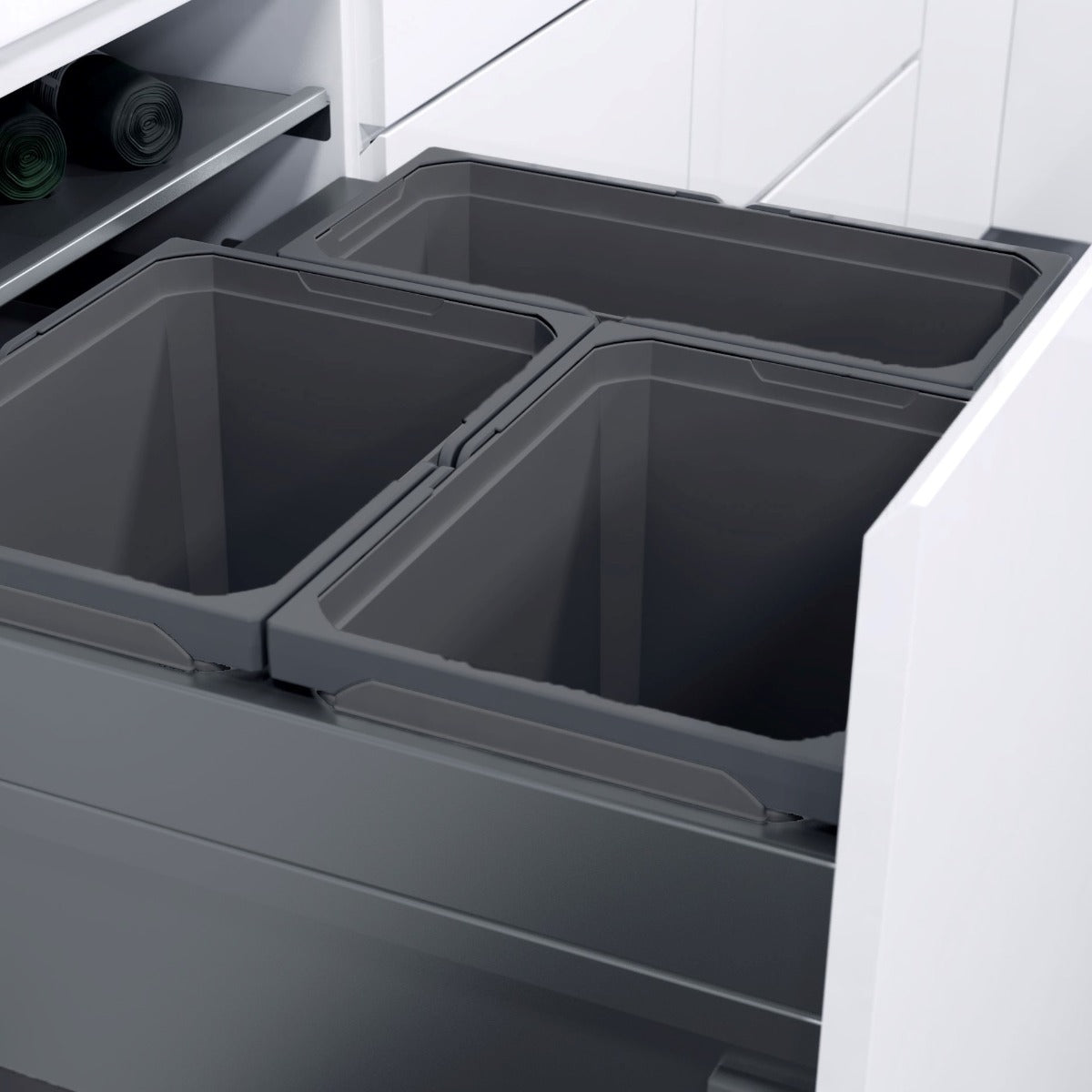 Vauth-Sagel integrated kitchen bin in lava grey with three compartments, ideal for separating waste and recycling