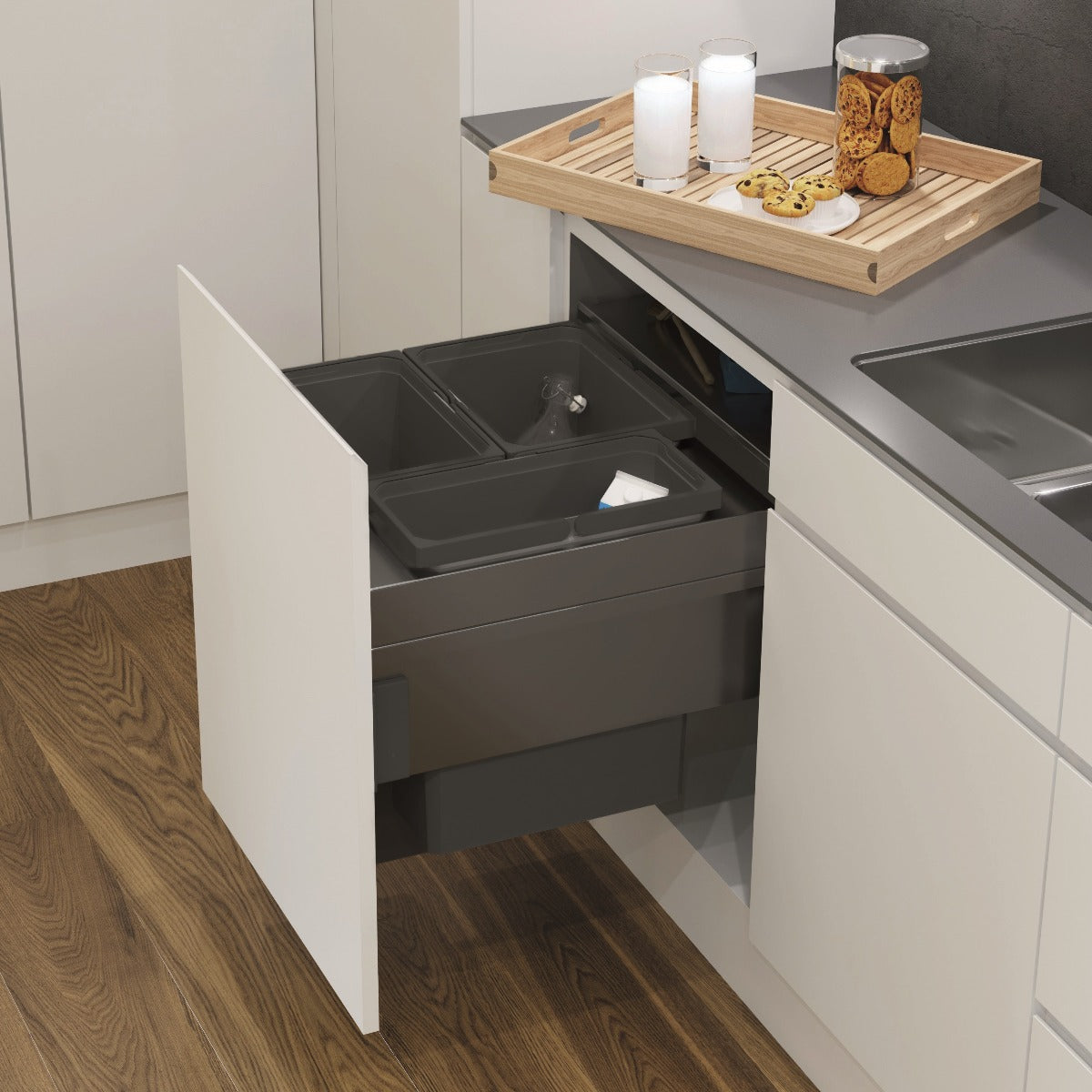 Vauth-Sagel pull-out integrated kitchen bin in lava grey with three compartments, ideal for separating waste and recycling