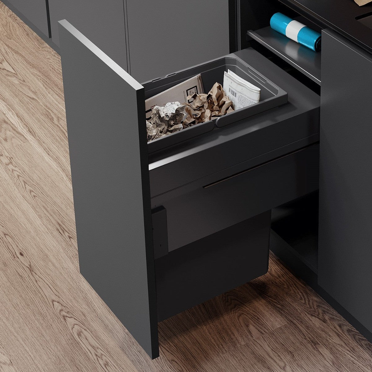 Vauth-Sagel single compartment ES-Pro 44 Litre in-cupboard kitchen bin in lava grey for 400mm wide cabinet, 476mm deep 503.VS44.341