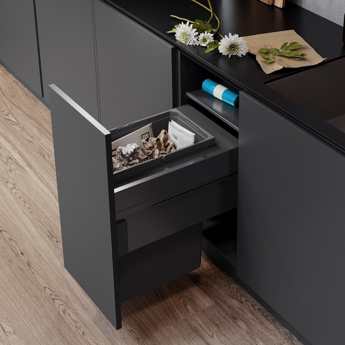 Vauth-Sagel ES-Pro Single Compartment 44L In-cupboard Bin - Lava Grey: 400mm Door- 515mm Deep