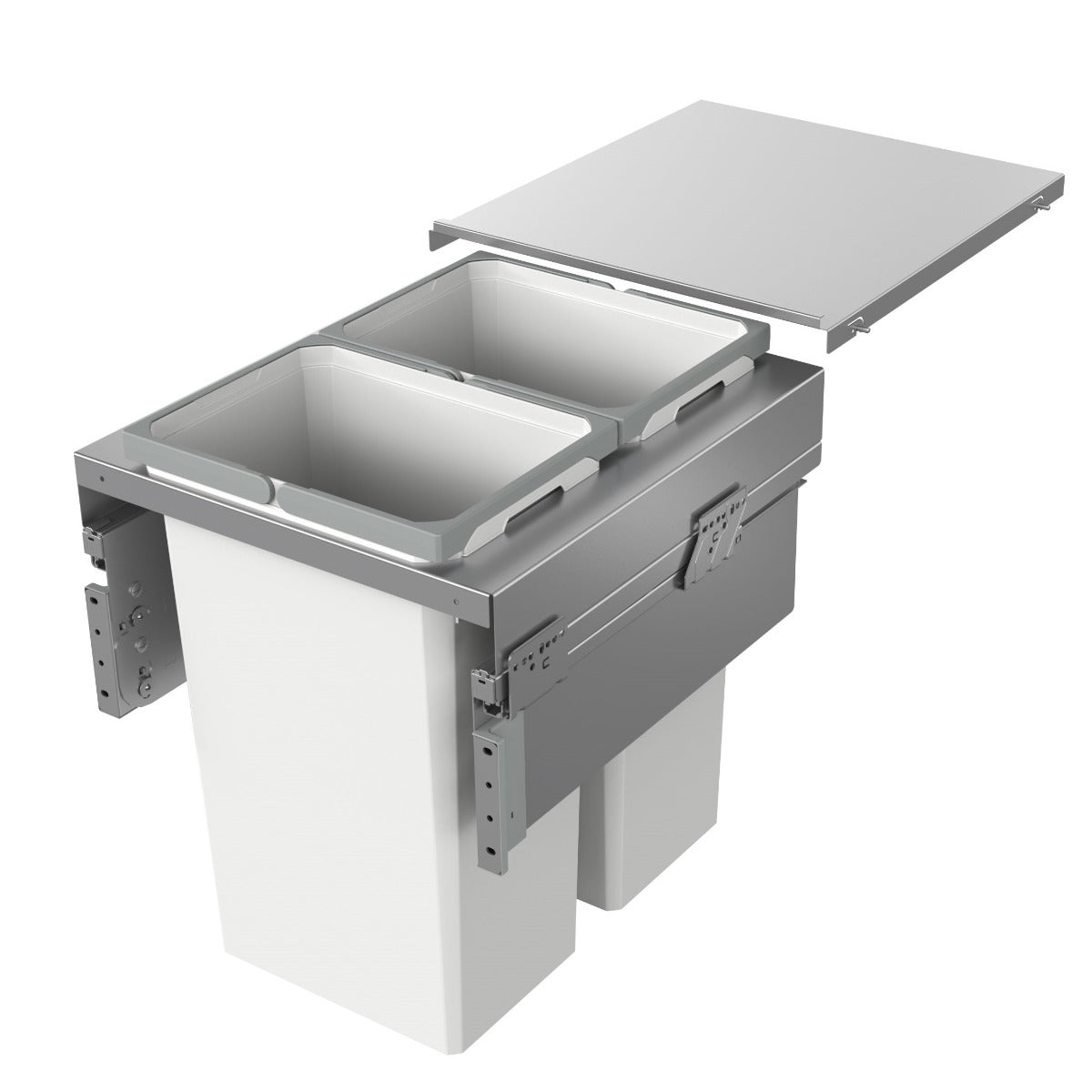 A well-designed integrated kitchen cabinet bin from Vauth-Sagel with two compartments, providing 64 litres of waste and recycling space.
