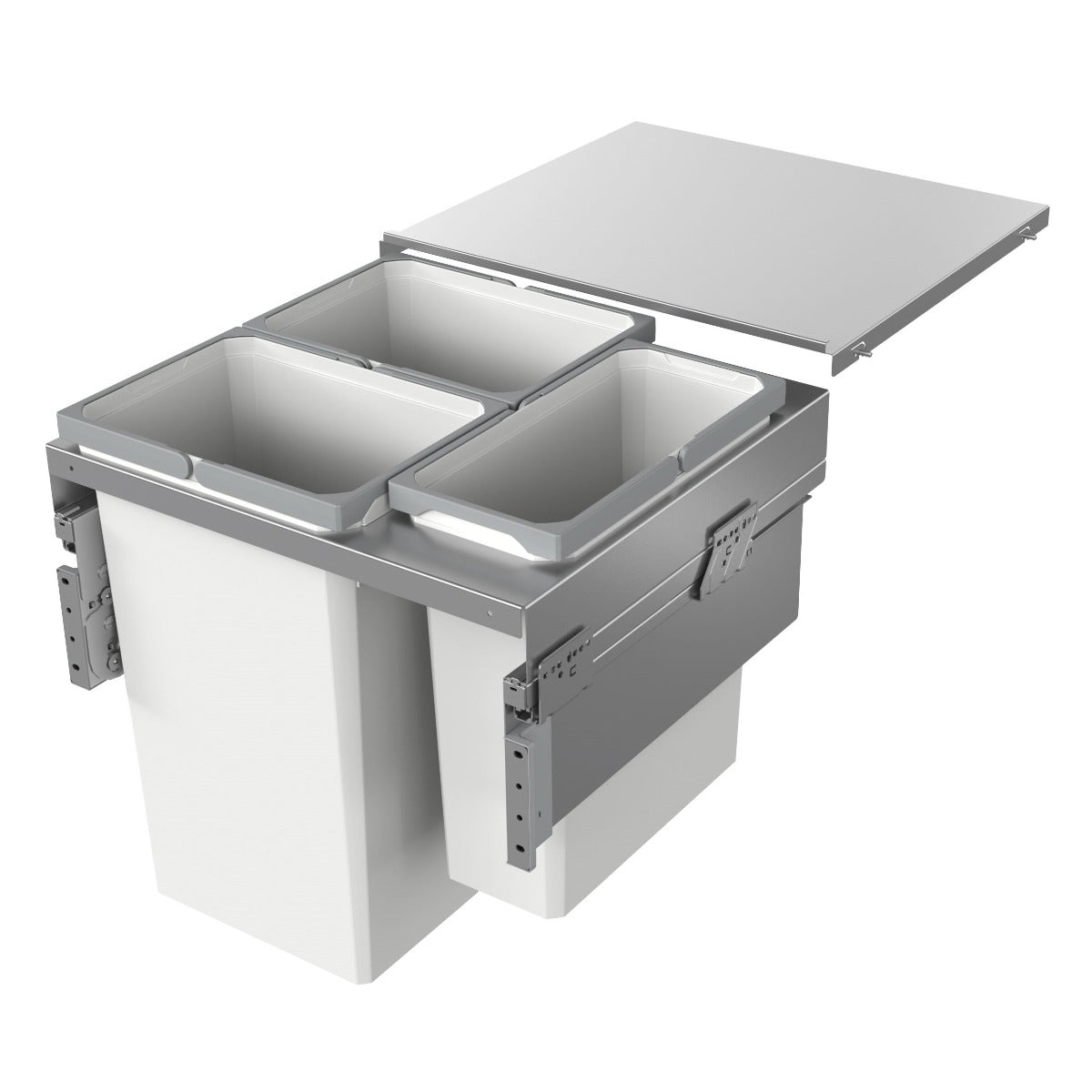 auth-Sagel pull-out integrated kitchen bin in silver grey with three compartments, ideal for separating waste and recycling