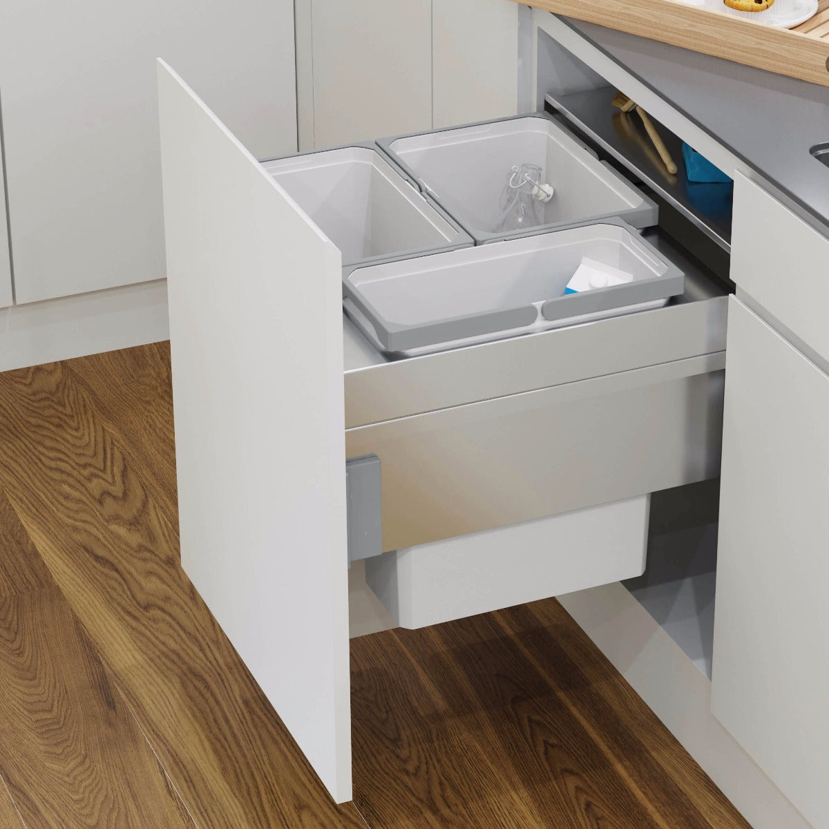 Vauth-Sagel pull-out integrated kitchen bin in silver grey with three compartments, ideal for separating waste and recycling