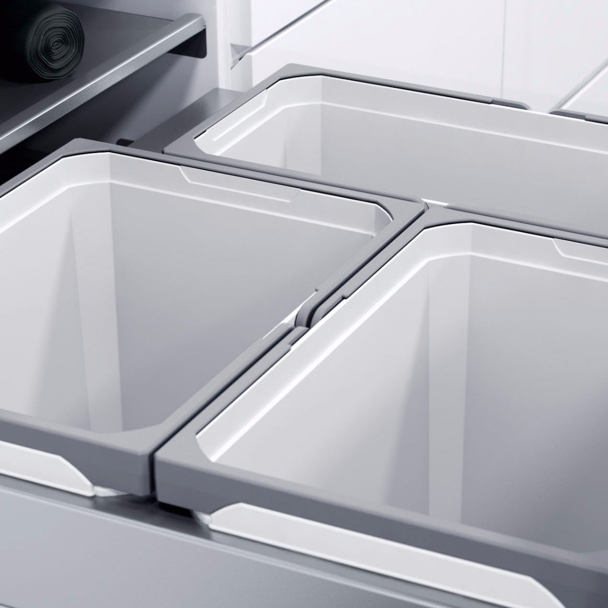Vauth-Sagel pull-out integrated kitchen bin in silver grey with three compartments, ideal for separating waste and recycling