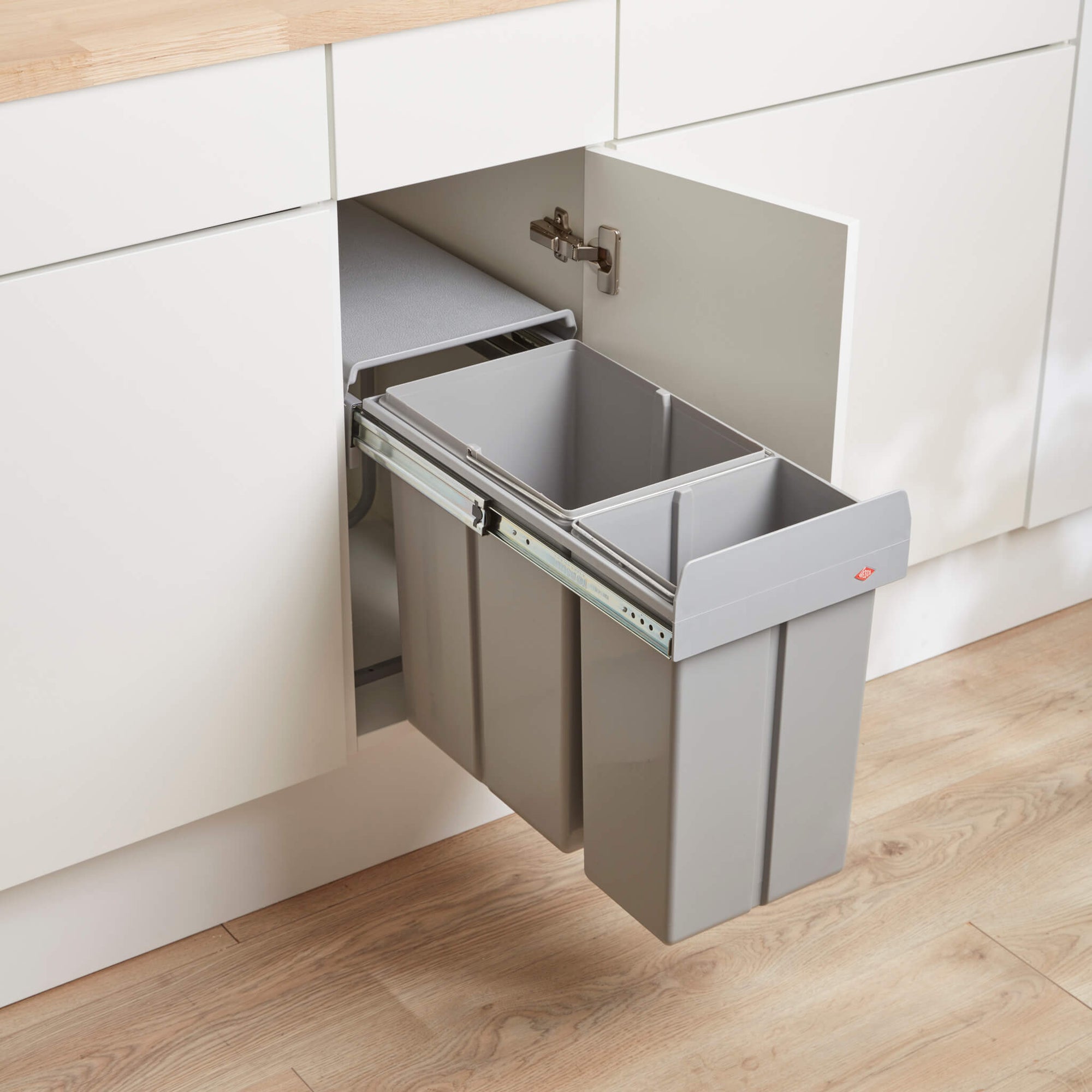 Wesco Bio Double 30L pull-out bin for hinged doors with two compartments.
