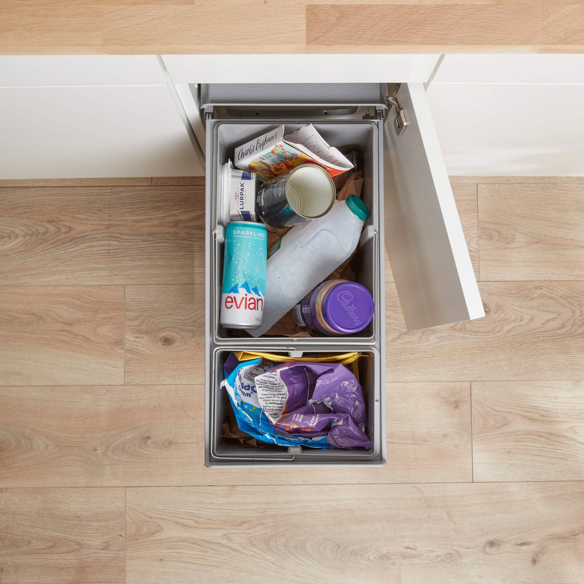 Wesco Bio Double 30 Litre view from above. Two compartments filled with recycling. 