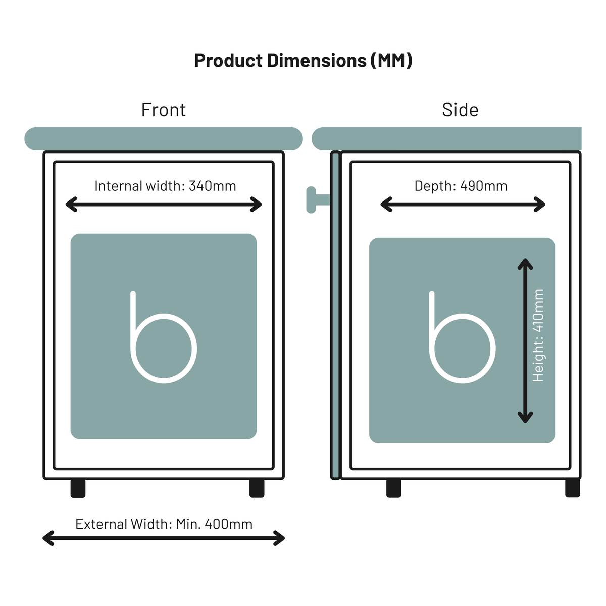 Line drawing showing the installation dimensions required for the Wesco Bio Trio 400mm