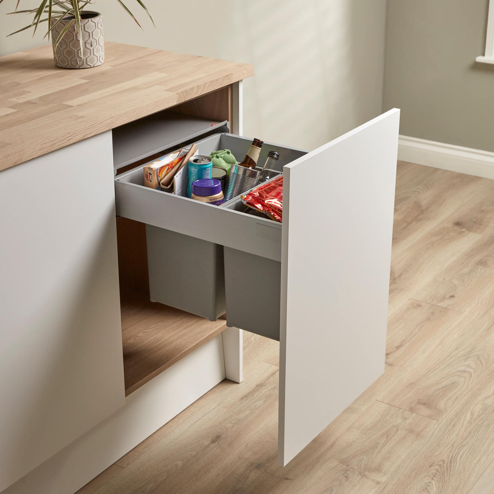 Wesco Pullboy Z Easy 34L two compartment pull out in-cupboard waste bin. Filled with recycling
