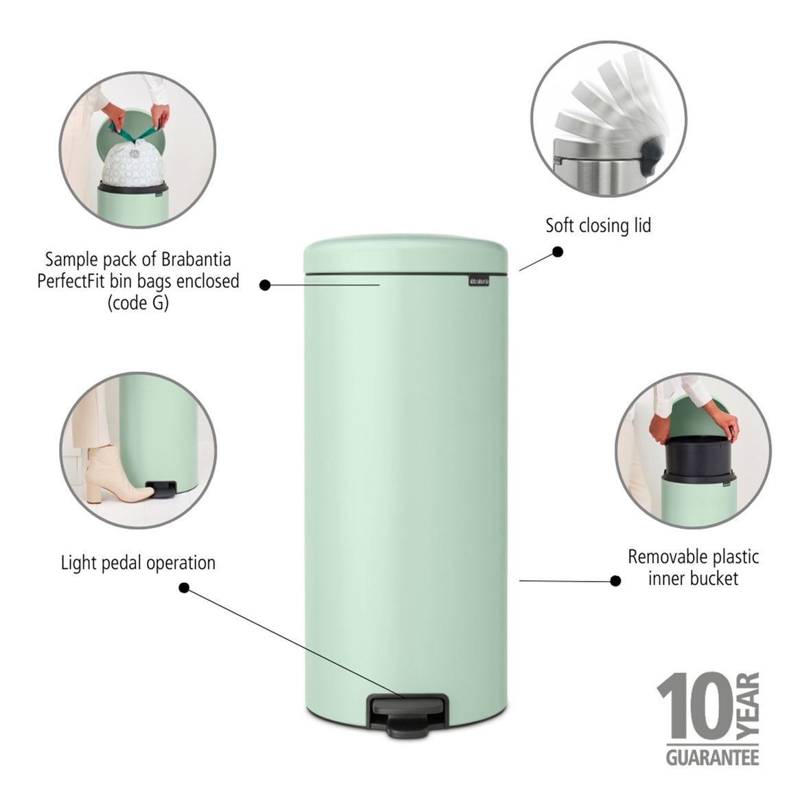 Brabantia New Icon Single Compartment 30L Kitchen Pedal Bin - Jade Green