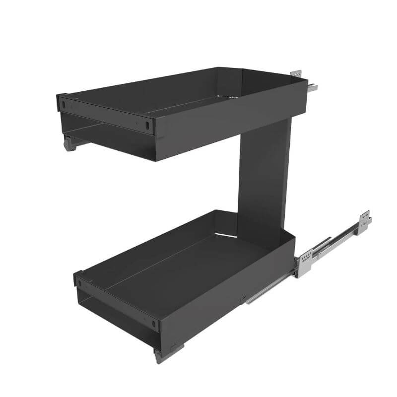 A grey metal two-tier pull-out storage solution showing the silver metal pull-out hardware on a plain white background.