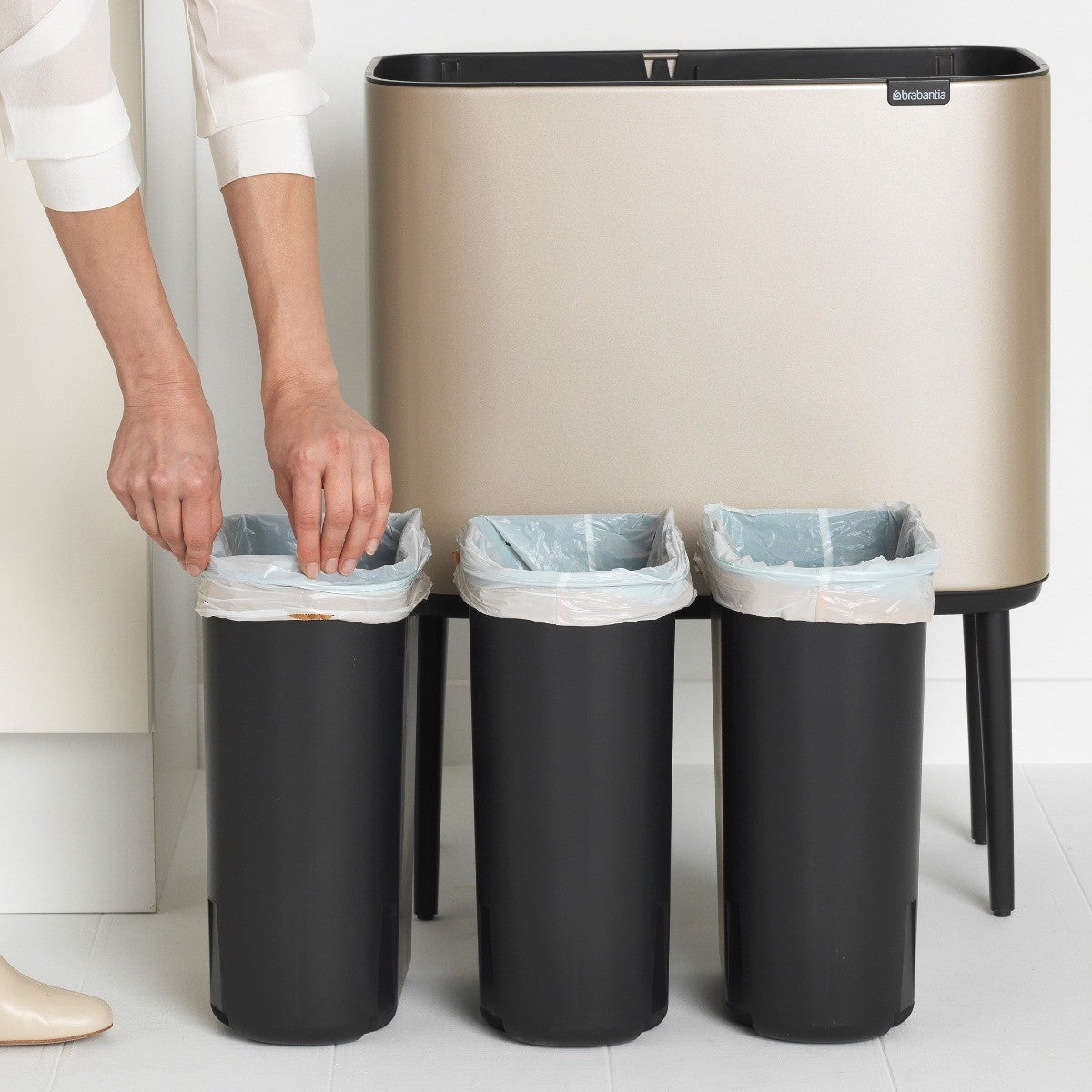 Brabantia Bo Touch 3-Compartment 33L Kitchen Recycling Bin - Metallic Gold