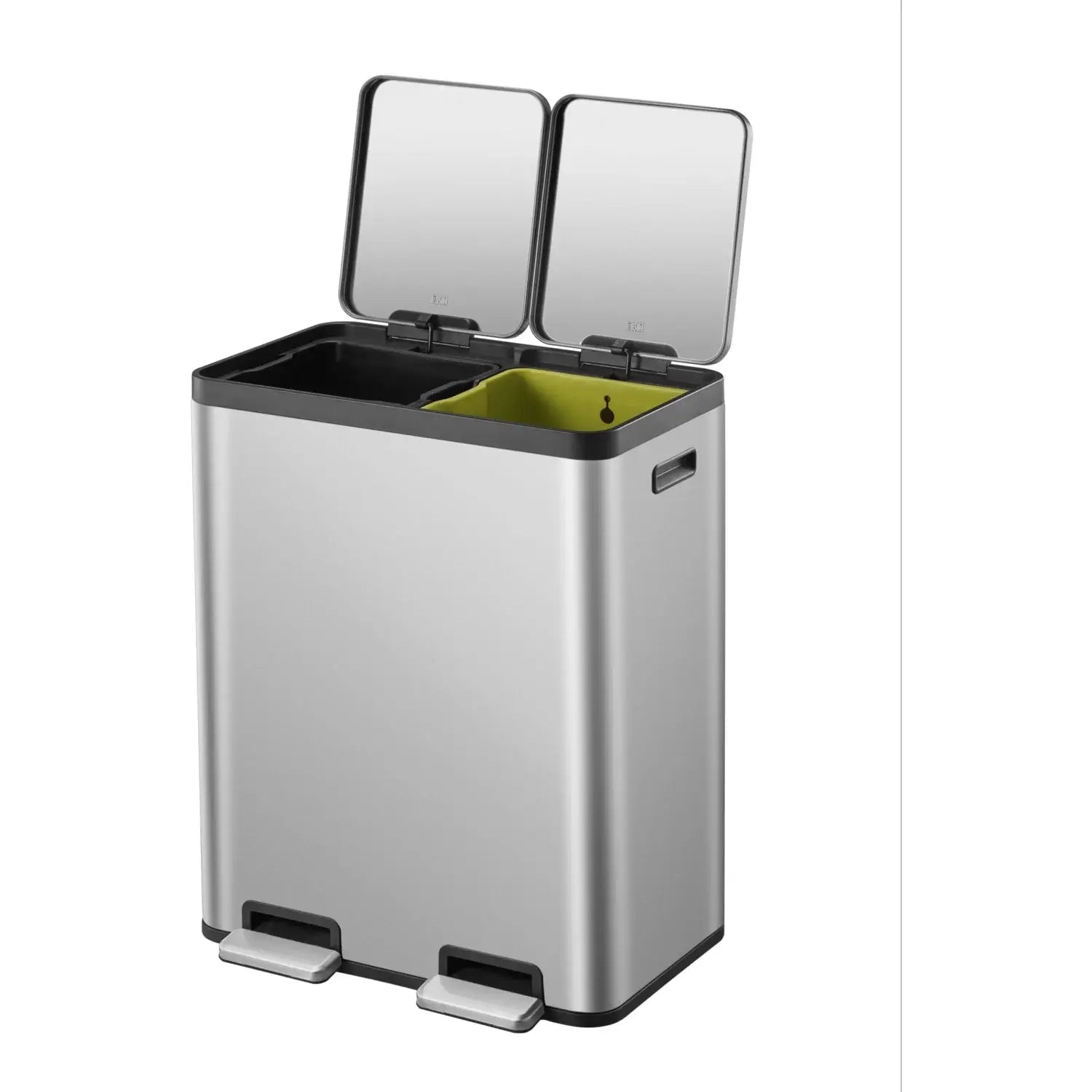 Silver trash bin with two compartments on a white background