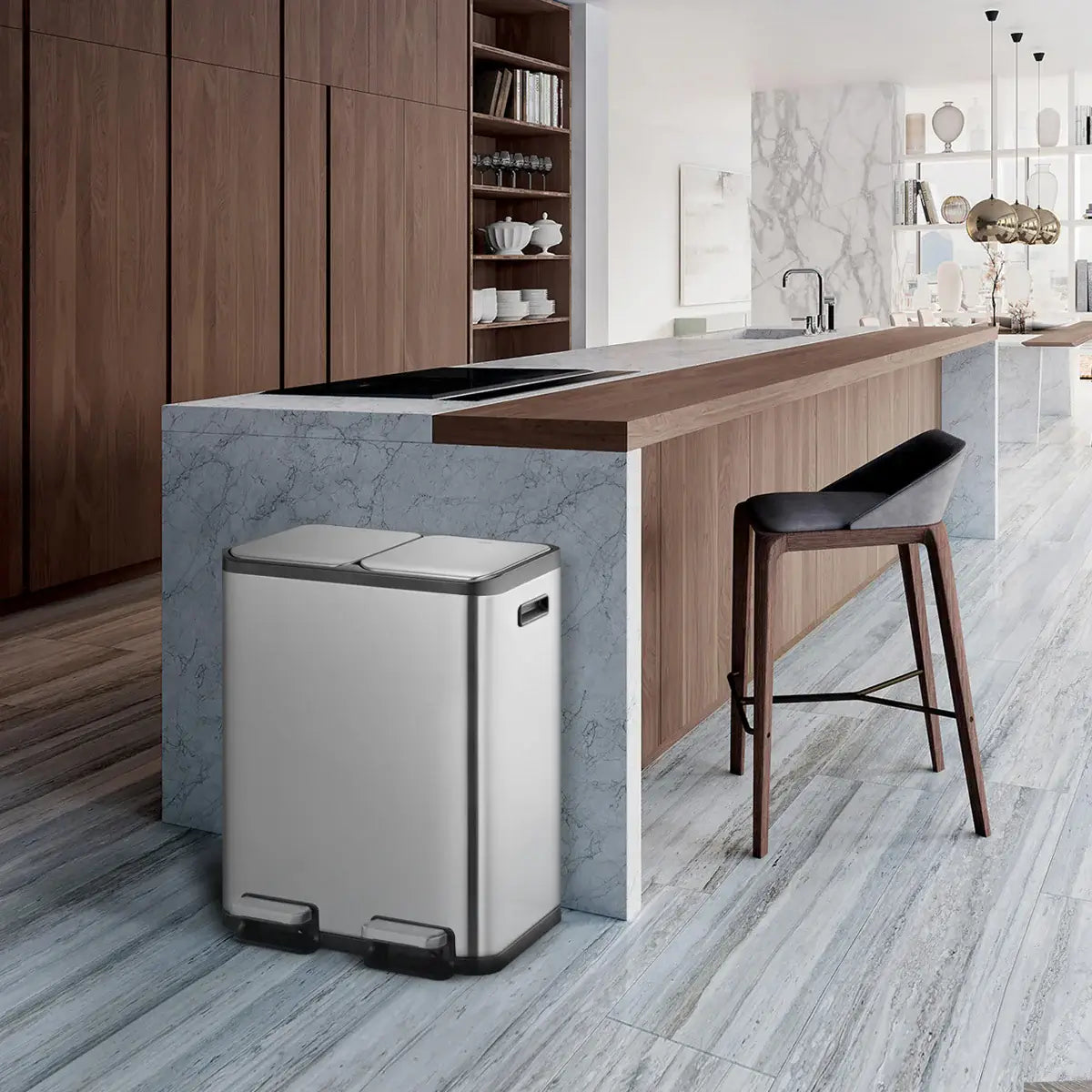 Modern kitchen with a trash bin in the foreground