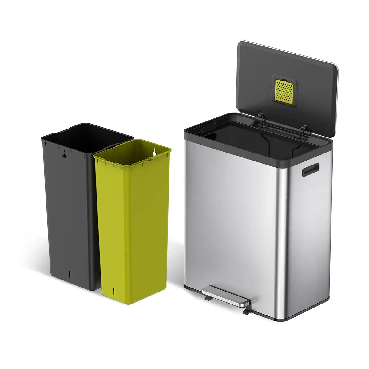 Stainless steel waste bin with black accents on a white background