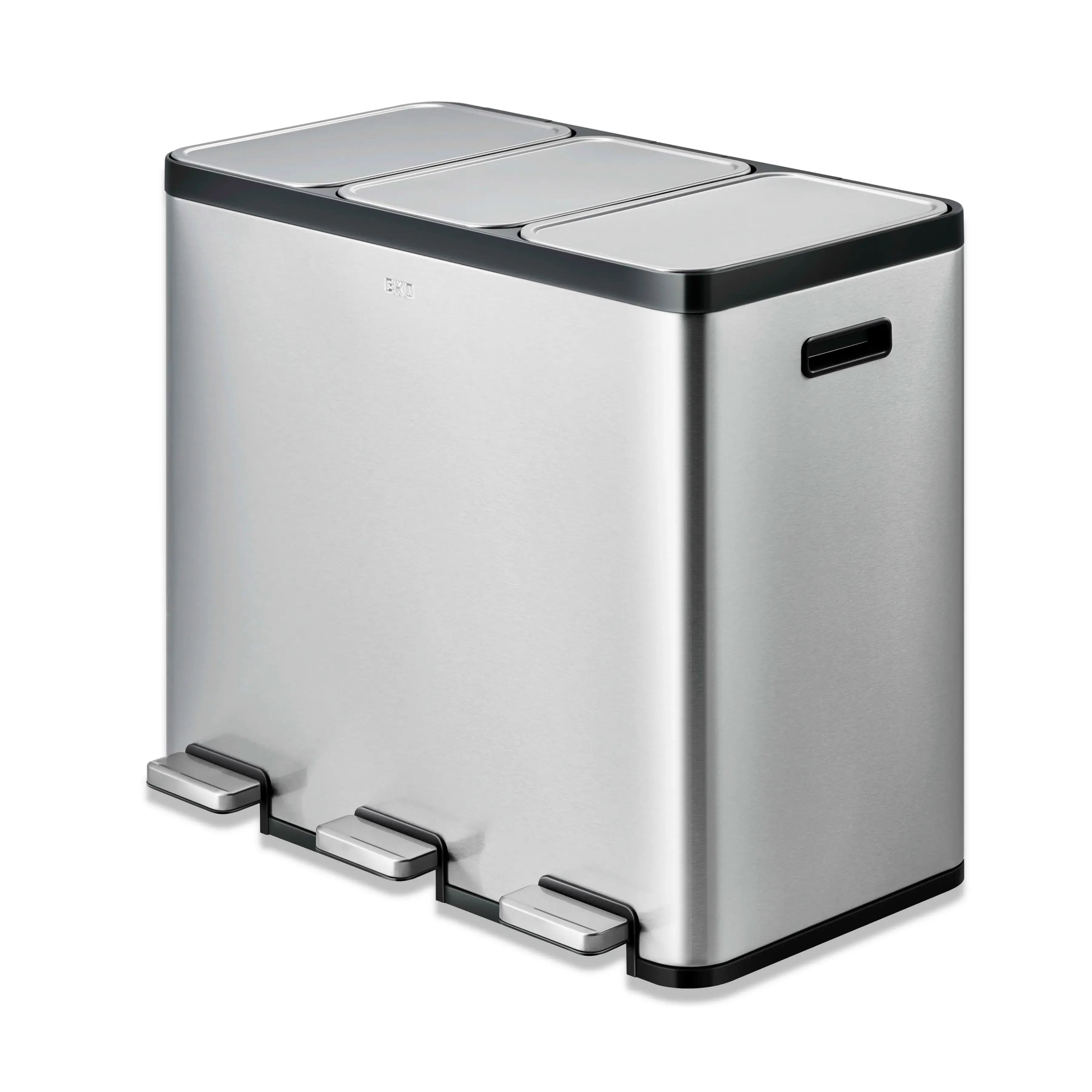 Stainless steel trash bin with three compartments on a white background
