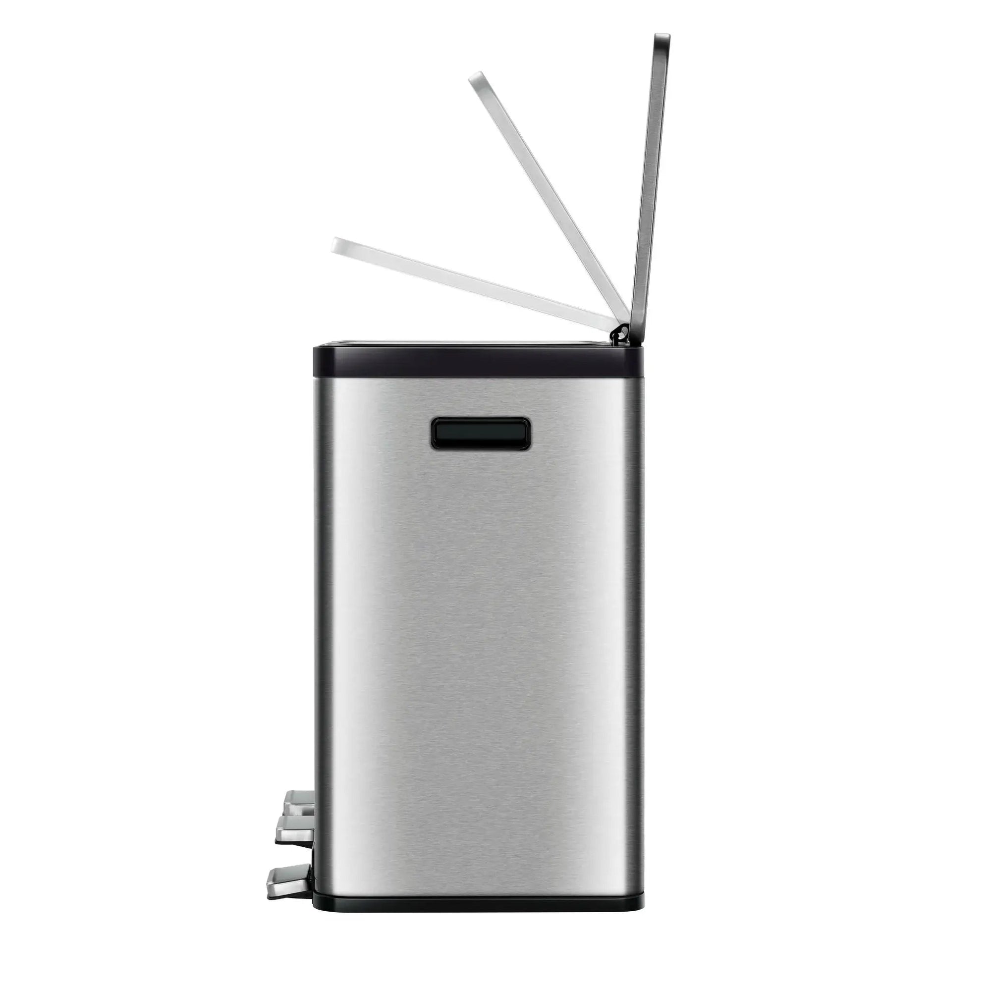 Stainless steel trash can with a step lid on a white background