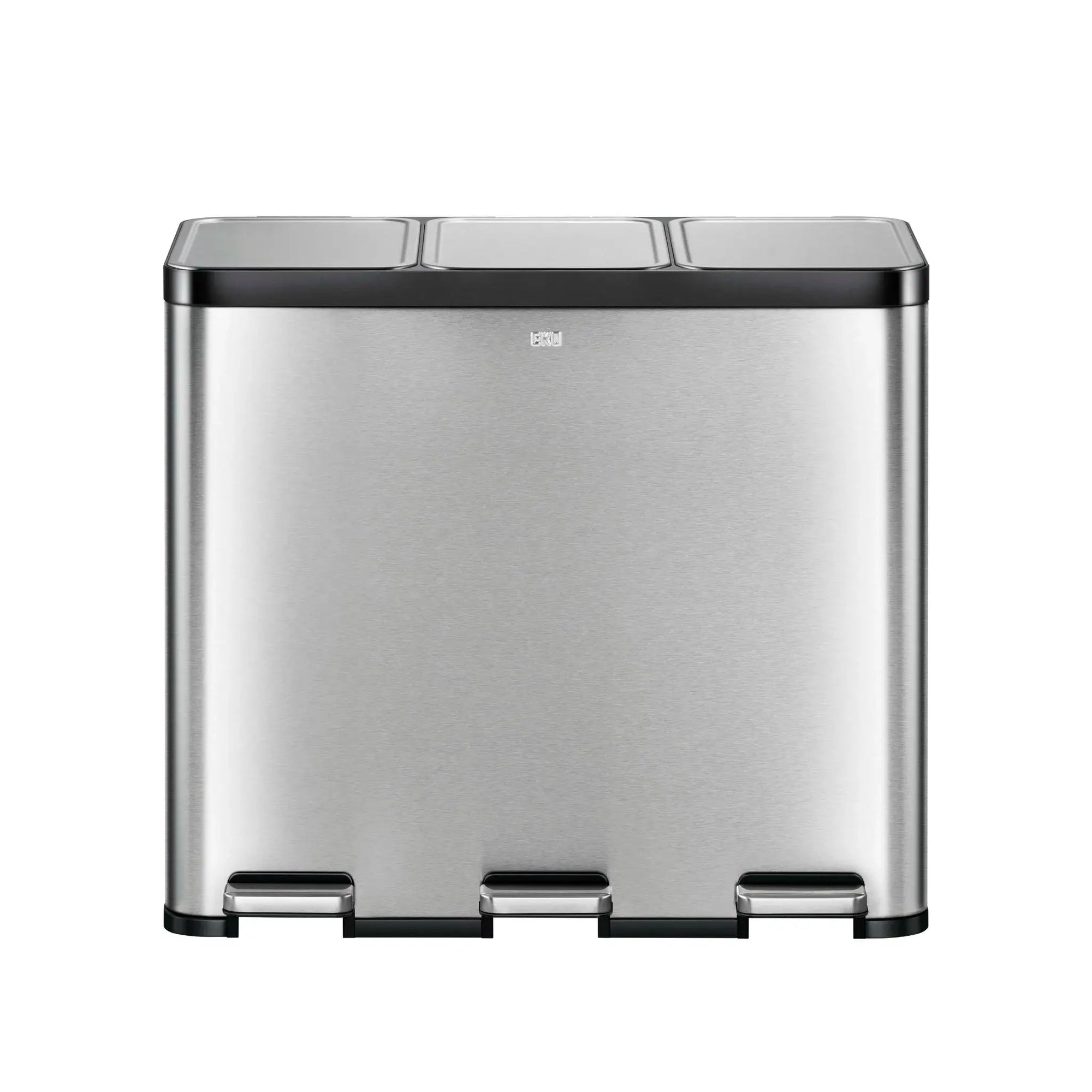 Stainless steel trash can with black accents on a white background