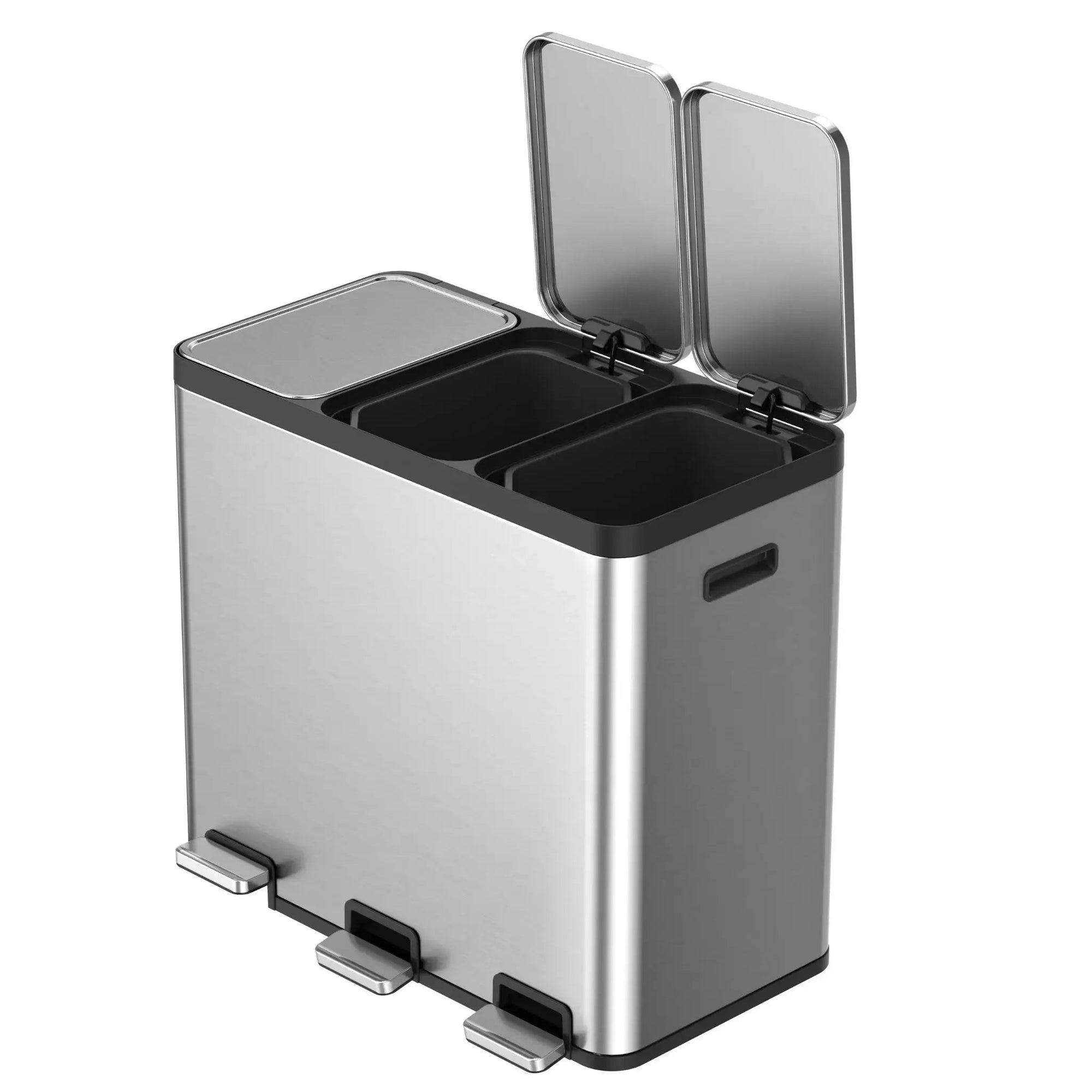 Three-compartment trash bin with open lid on a white background