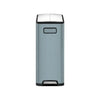 Blue waste bin with black accents on a white background