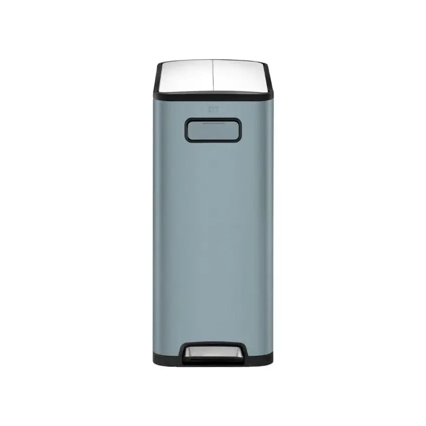 Blue waste bin with black accents on a white background