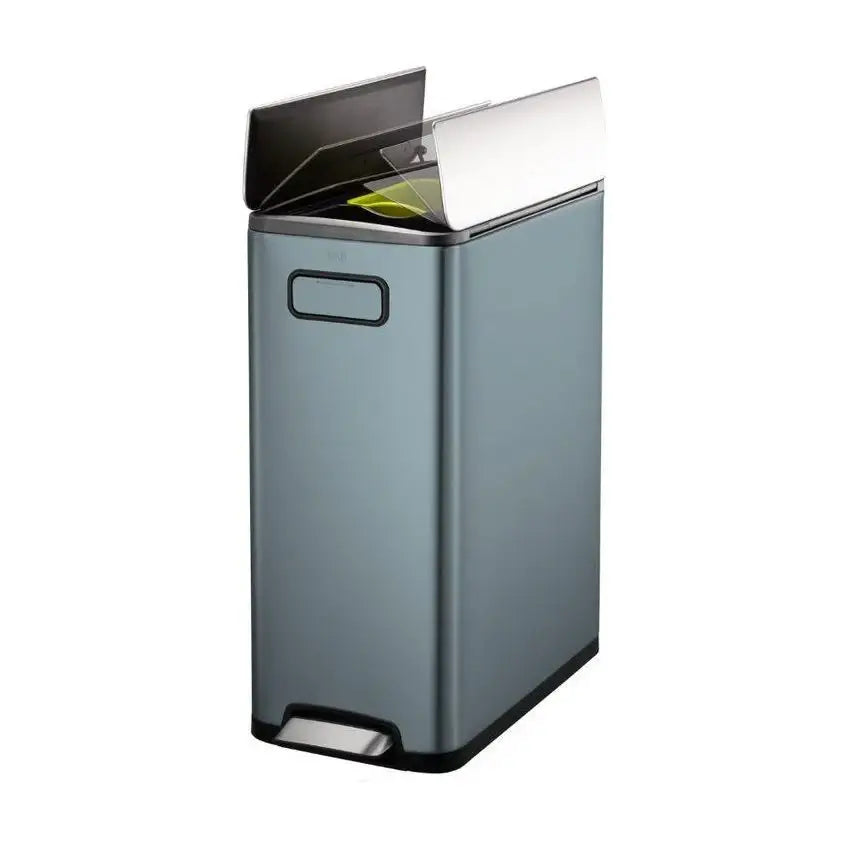 Blue waste bin with a foot pedal on a white background