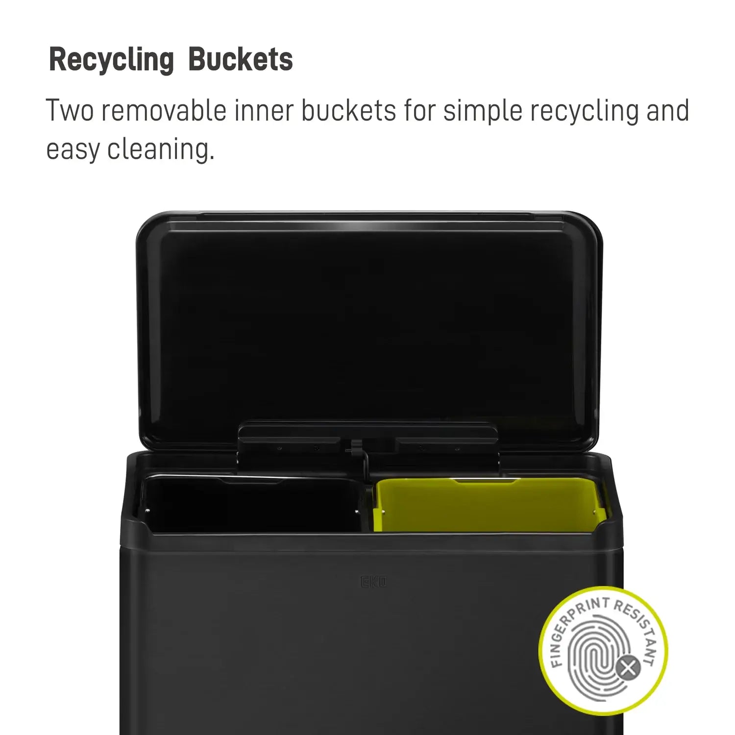 Black recycling bin with two removable inner buckets, labeled 'Fingerprint Resistant'.