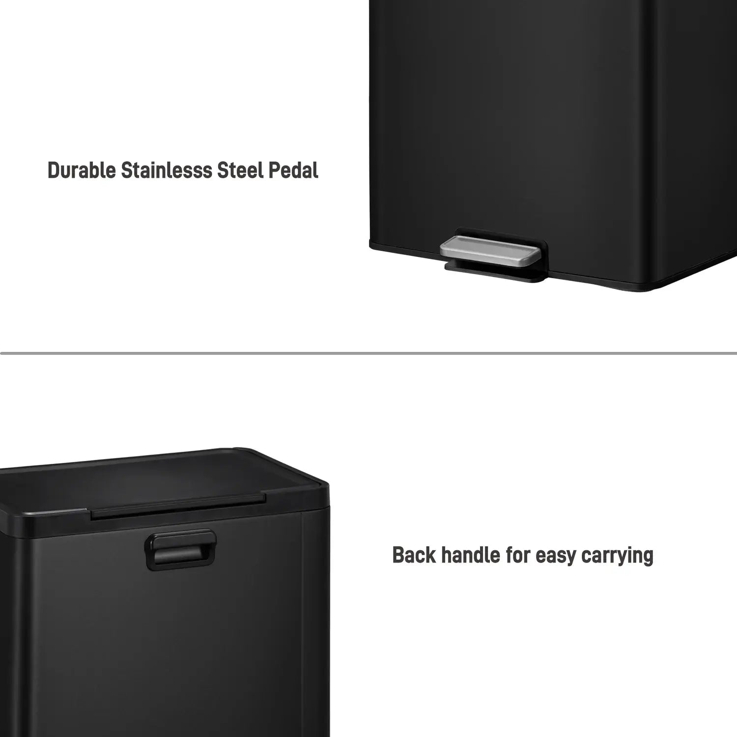Black waste bin with durable stainless steel pedal and back handle on a white background