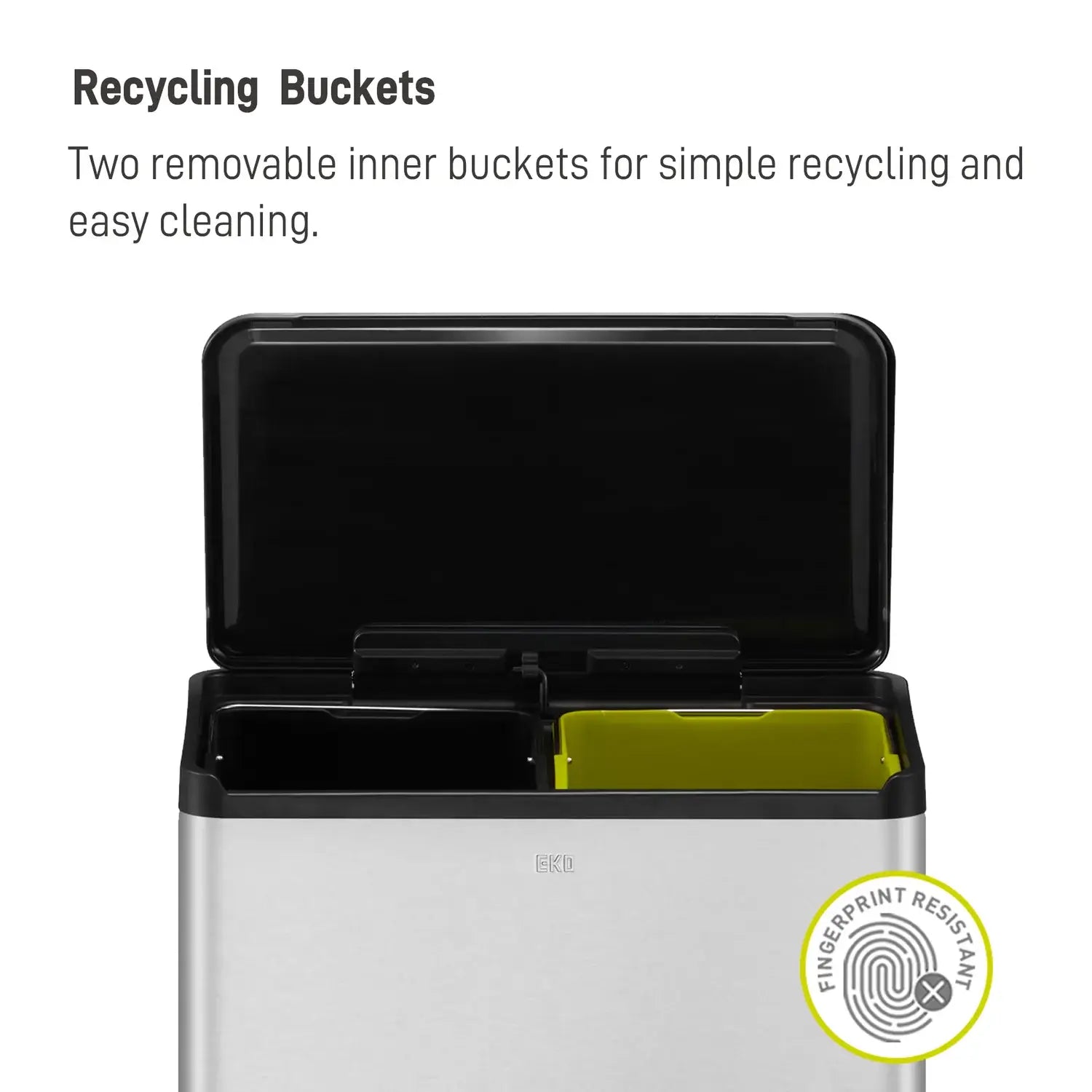 Recycling bin with two removable inner buckets, labeled 'Fingerprint Resistant'.