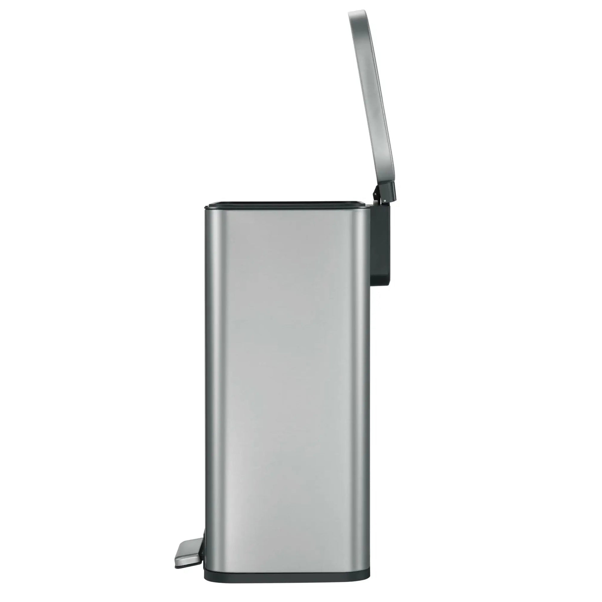 Stainless steel waste bin side view with lid open