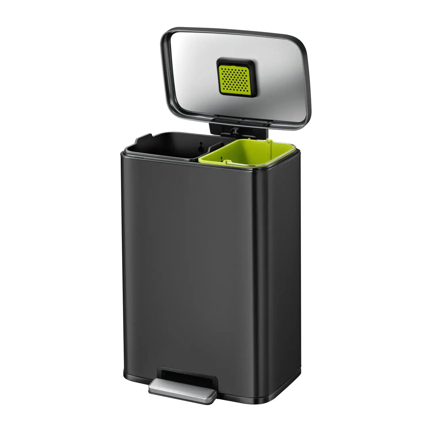 Black waste bin with green and black inner bins on a white background