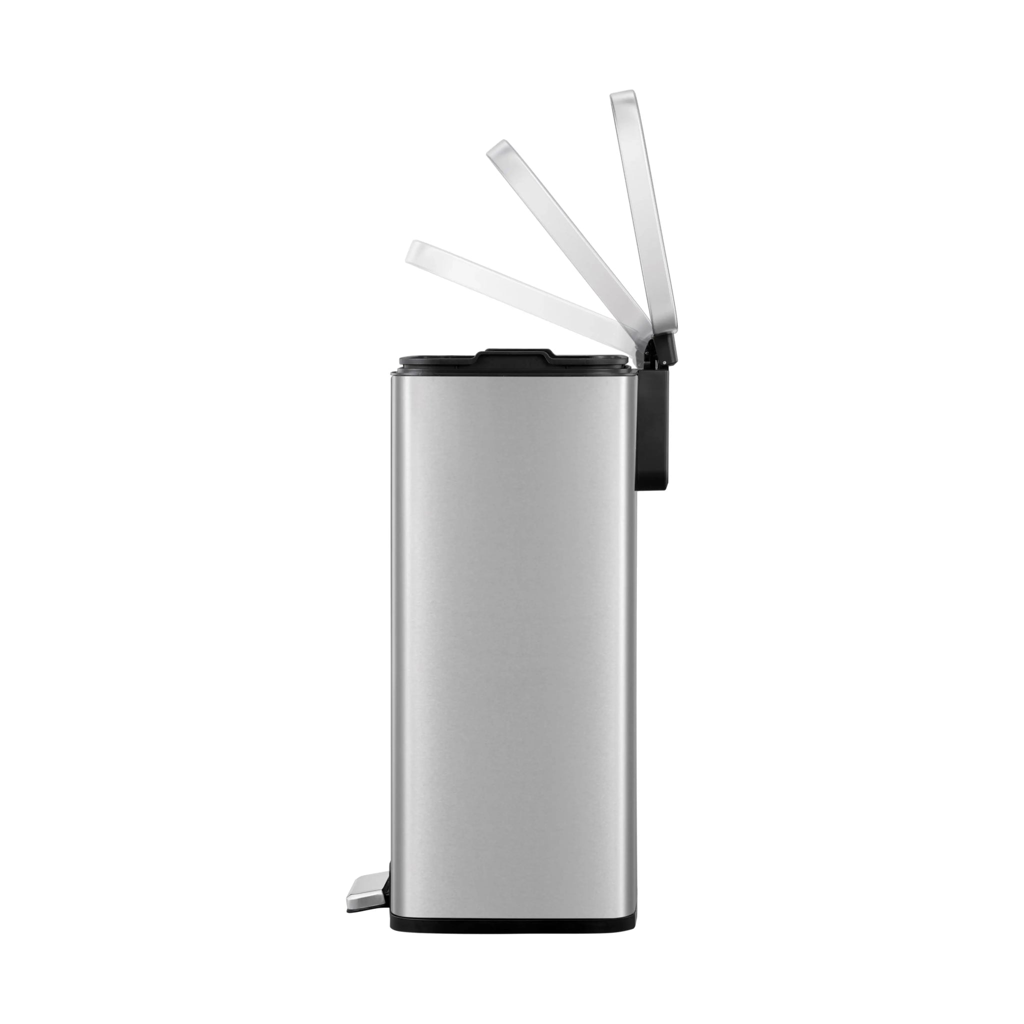 Side view of Stainless Steel waste bin with lid opening