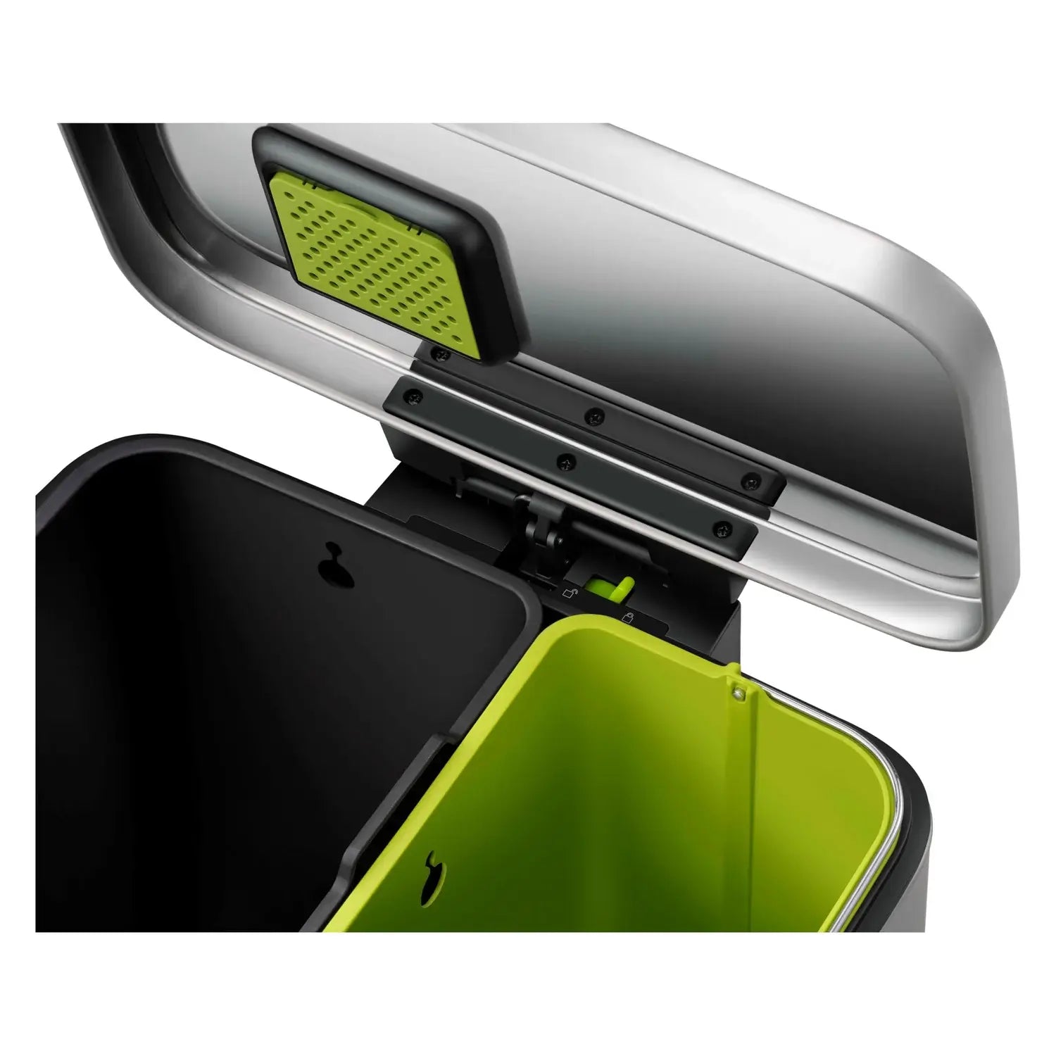 Open waste can with black interior and green exterior on a white background