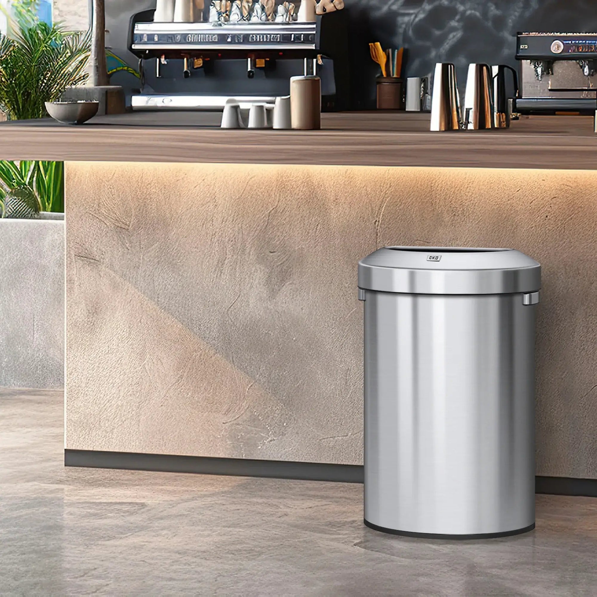 Stainless steel commercial bin in a coffee shop