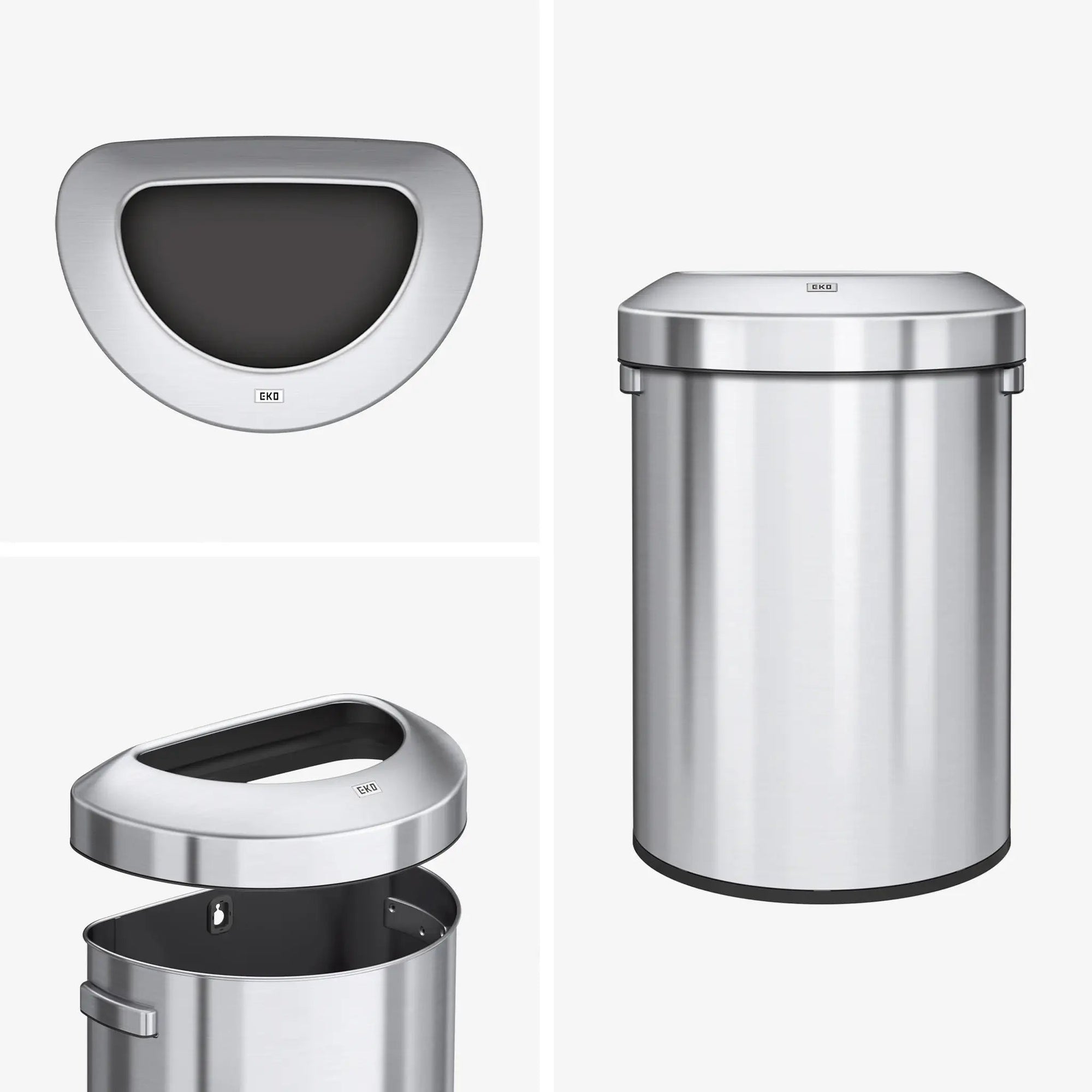 Stainless steel commercial bin with open lid on a white background