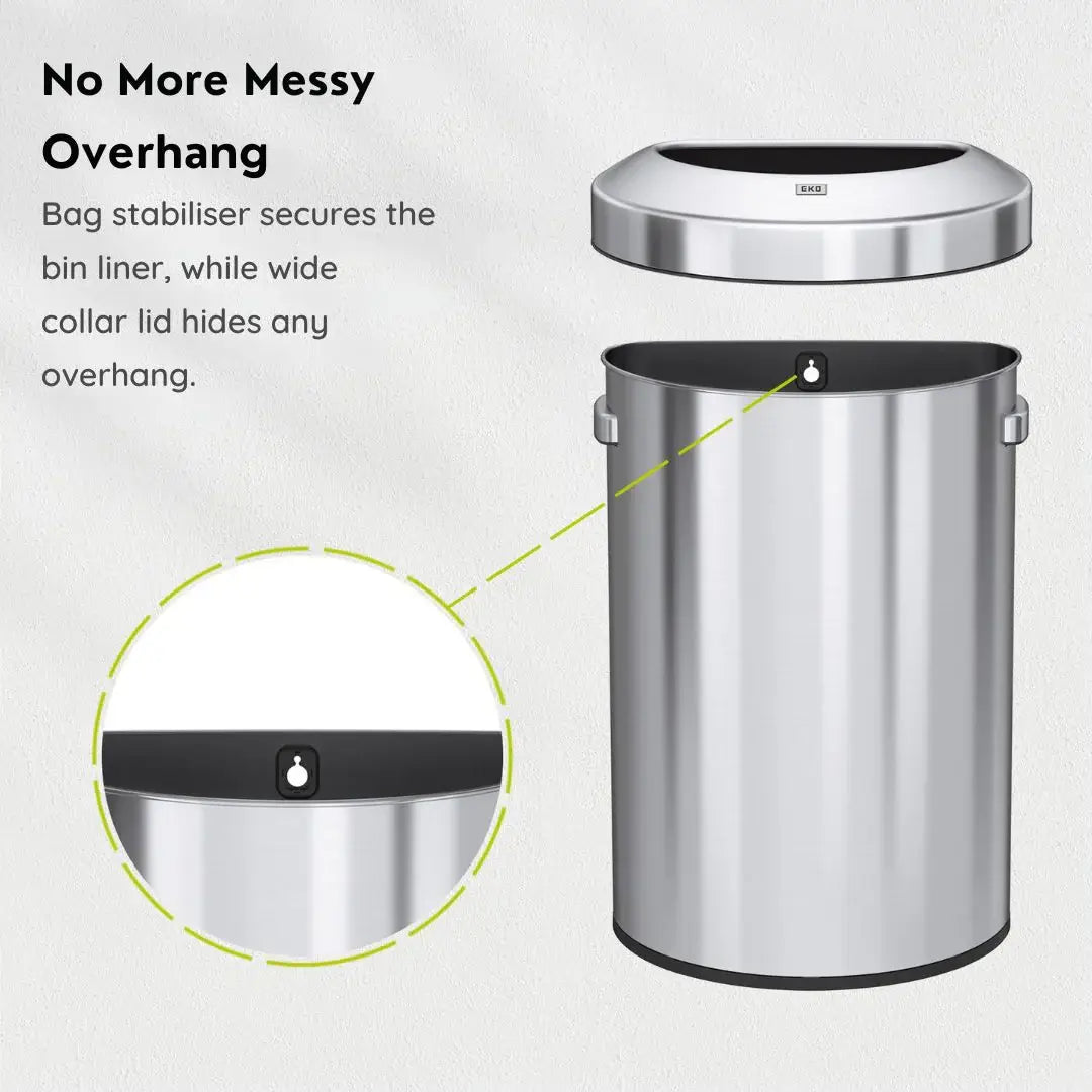 Stainless steel commercial bin with wide collar lid and text explaining its features on a white background.