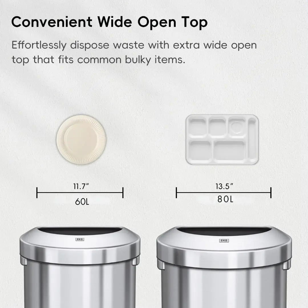 Two stainless steel commercial bins with measurements and text about their wide open top design.