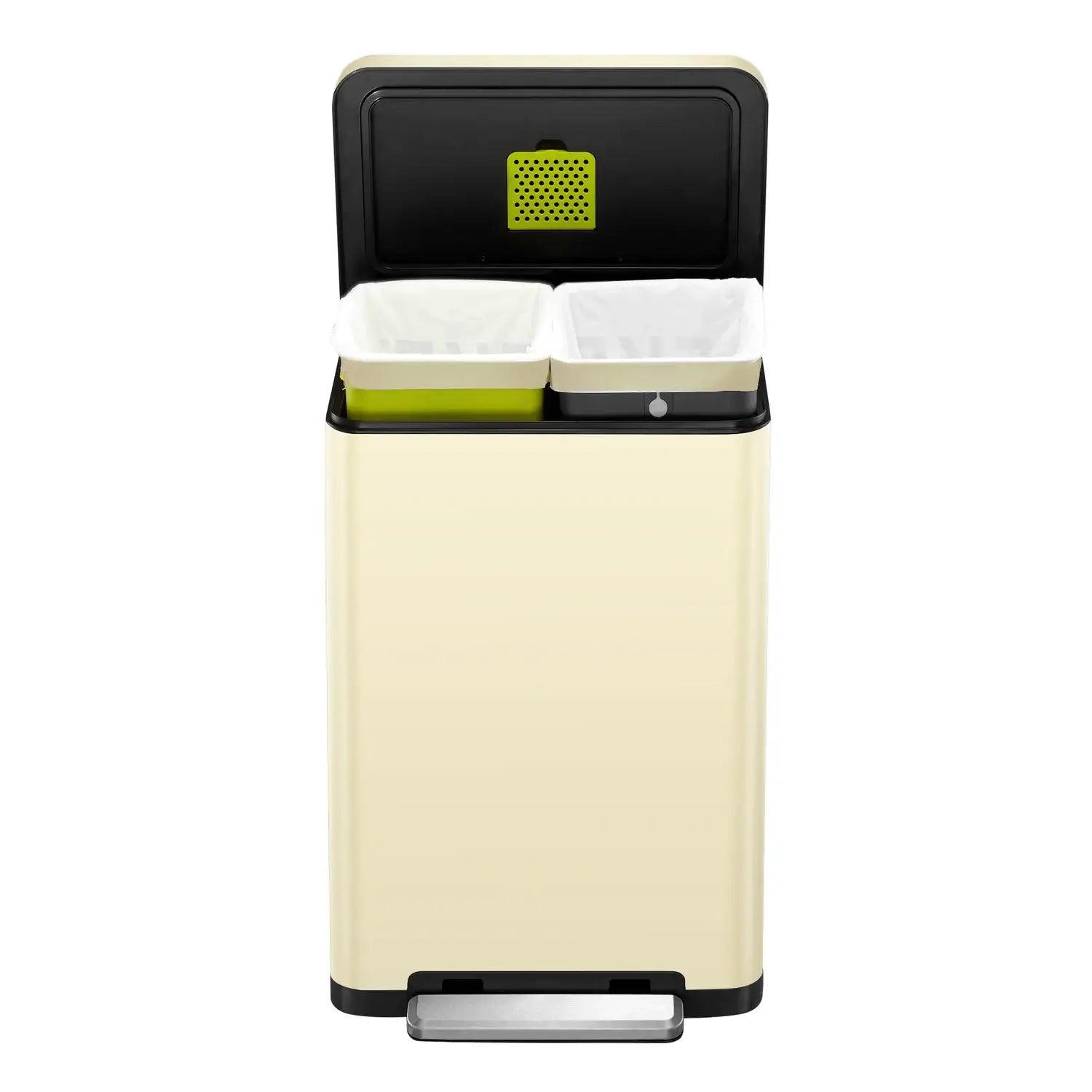 Cream waste bin with a stainless steel open lid on a white background