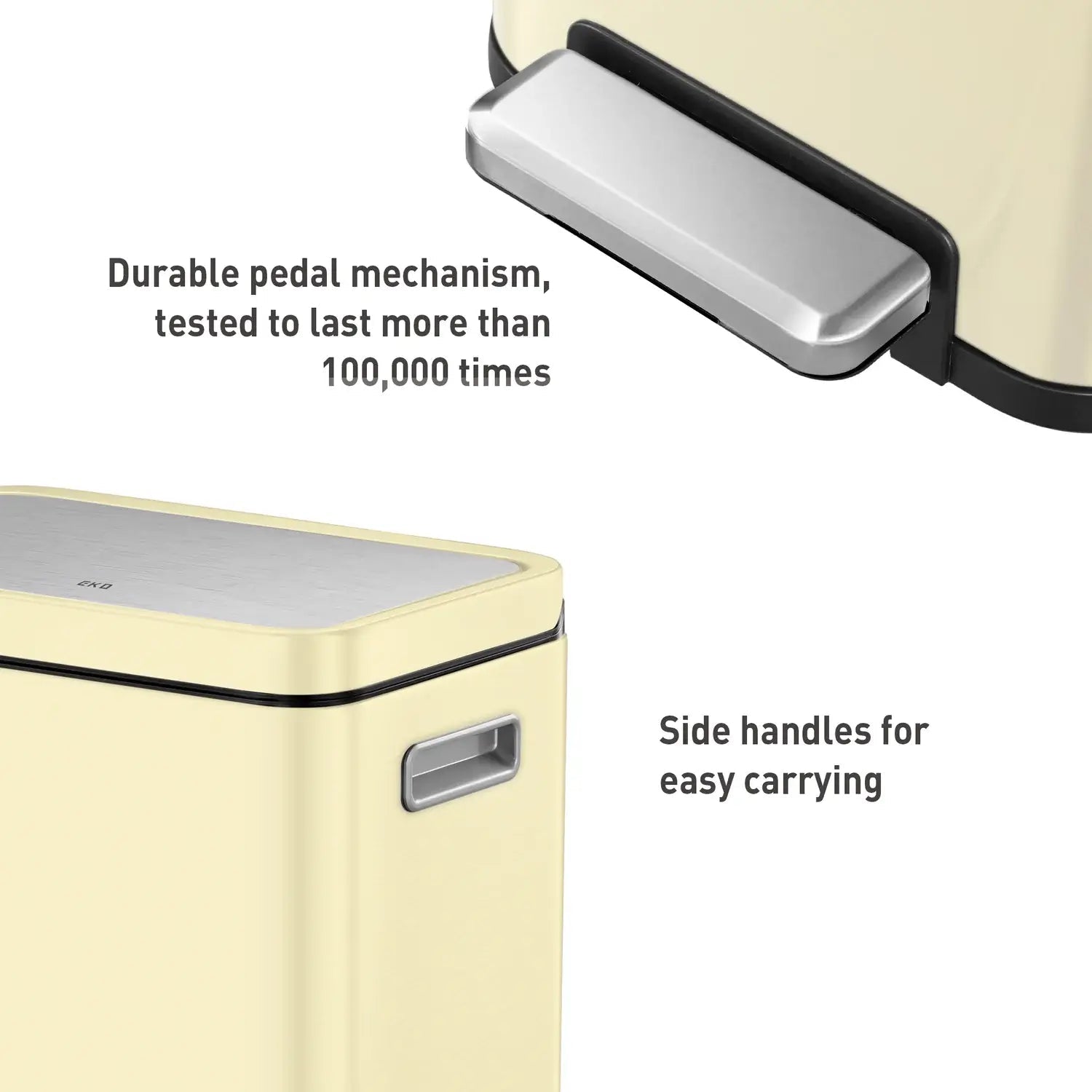 Cream waste bin with durable pedal mechanism and side handles on a white background