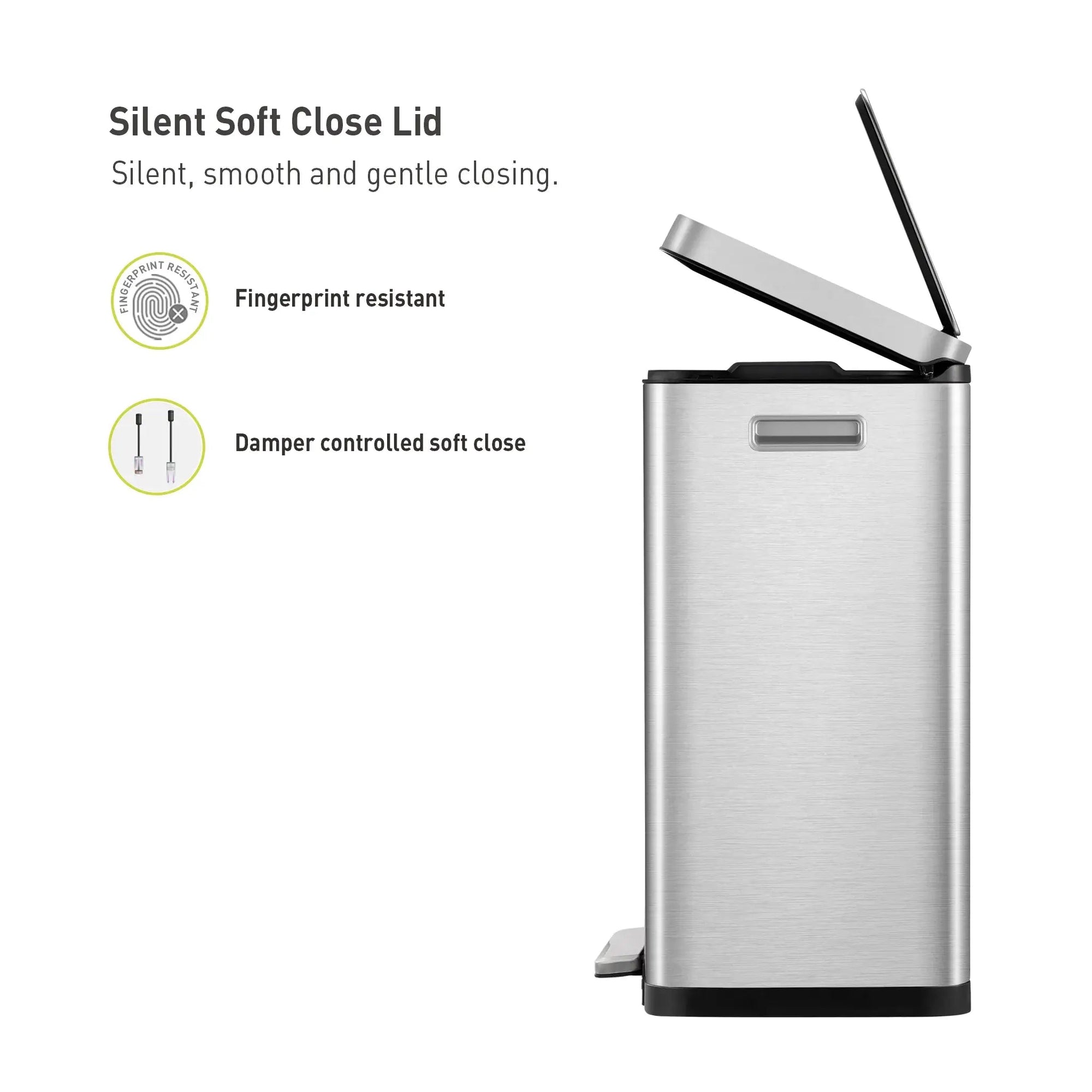 Stainless steel waste bin with silent soft close lid on a white background